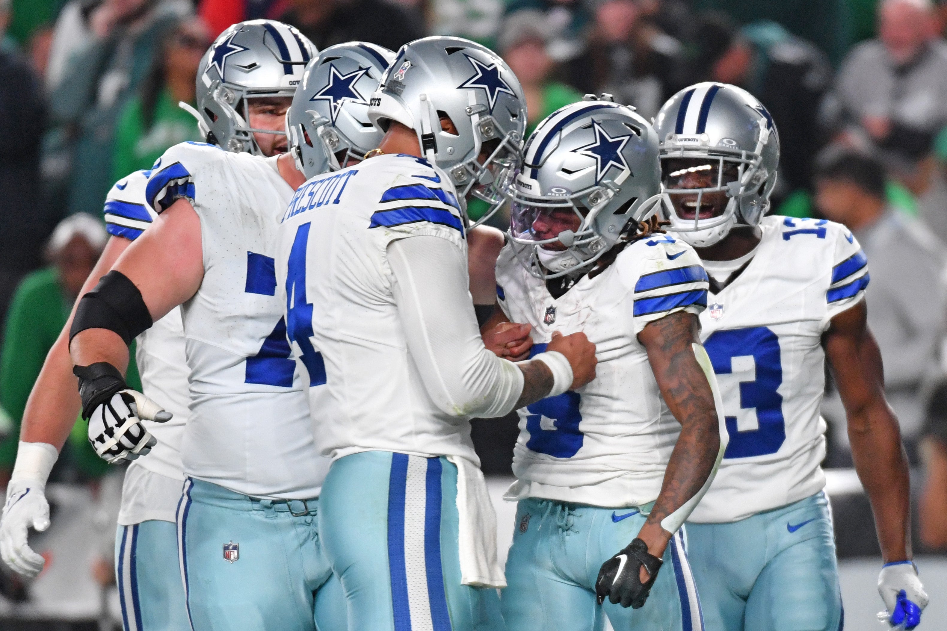 Dallas Cowboys wide receiver KaVontae Turpin (9) celebrates his touchdown with quarterback Dak Prescott (4) against the Philadelphia Eagles during the second quarter at Lincoln Financial Field. Mandatory Credit: Eric Hartline-USA TODAY Sports