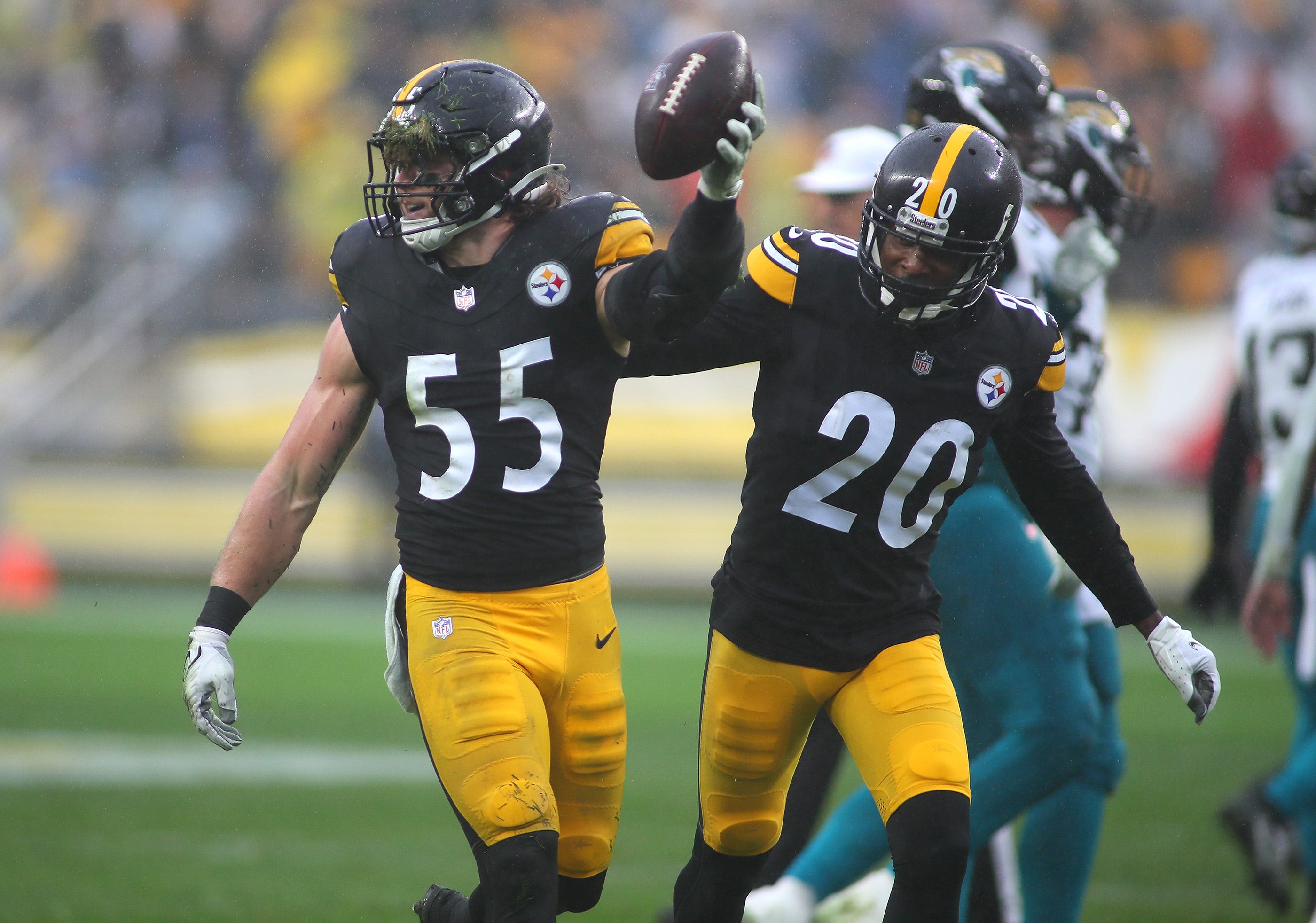 Pittsburgh Steelers Cole Holcomb (55) reacts after recovering a fumble during the first half against the Jacksonville Jaguars at Acrisure Stadium in Pittsburgh, PA on October 29, 2023.  
