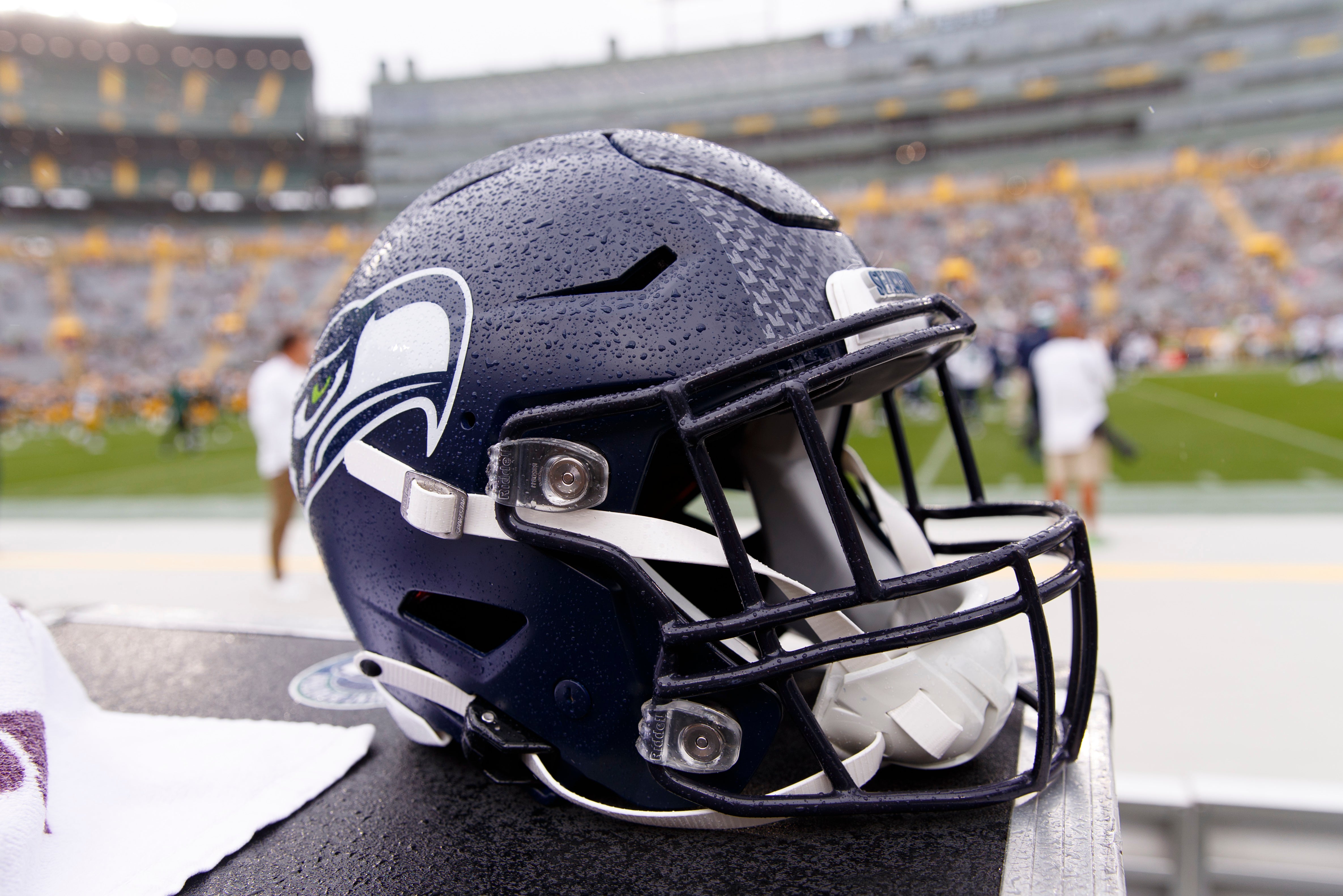 Aug 26, 2023; Green Bay, Wisconsin, USA; A Seattle Seahawks helmet sits on the sidelines during warmups prior to the game against the Green Bay Packers at Lambeau Field. Mandatory Credit: Jeff Hanisch-USA TODAY Sports