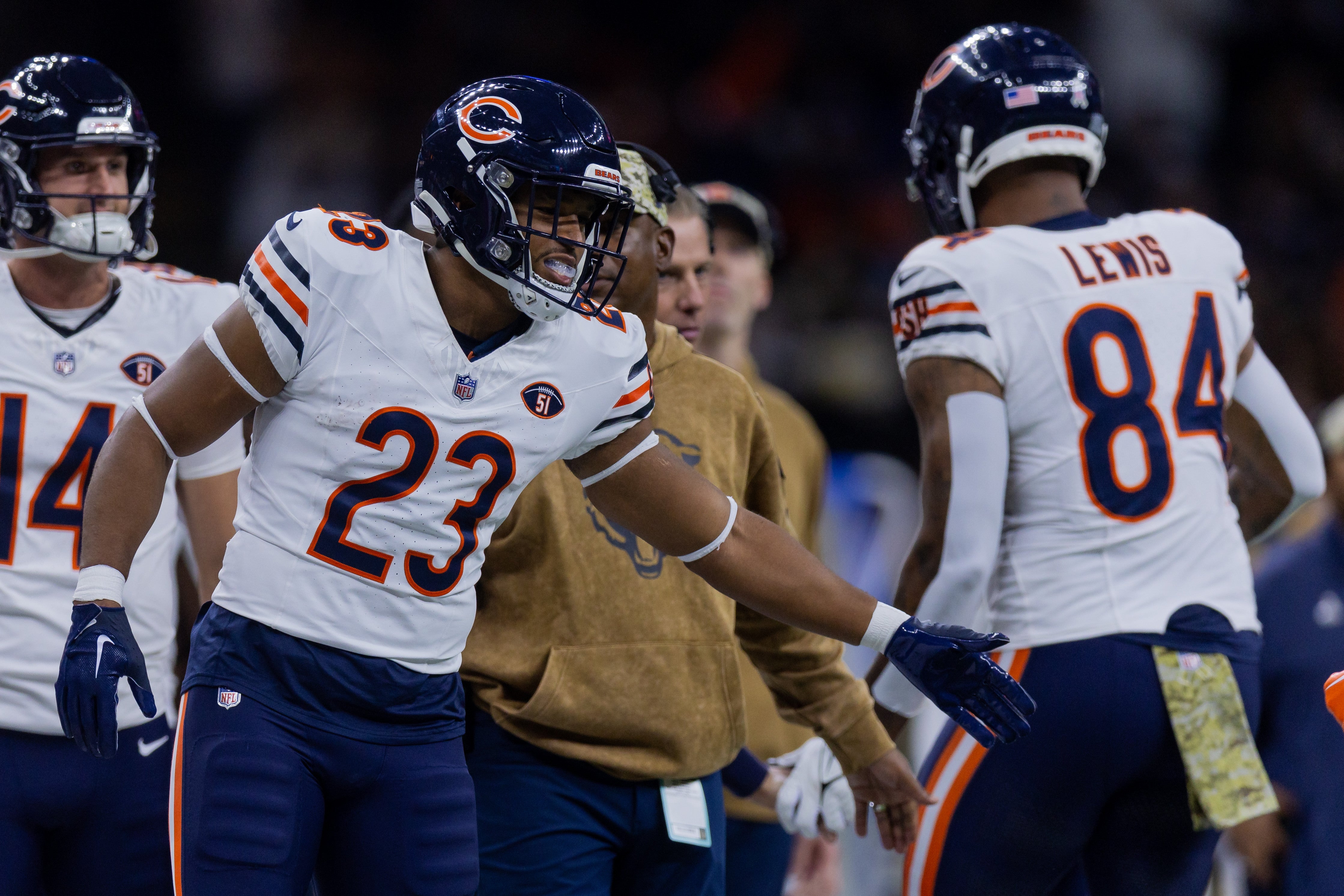 Nov 5, 2023; New Orleans, Louisiana, USA; Chicago Bears running back Roschon Johnson (23) on the sidelines against the New Orleans Saints during the first half at the Caesars Superdome.
