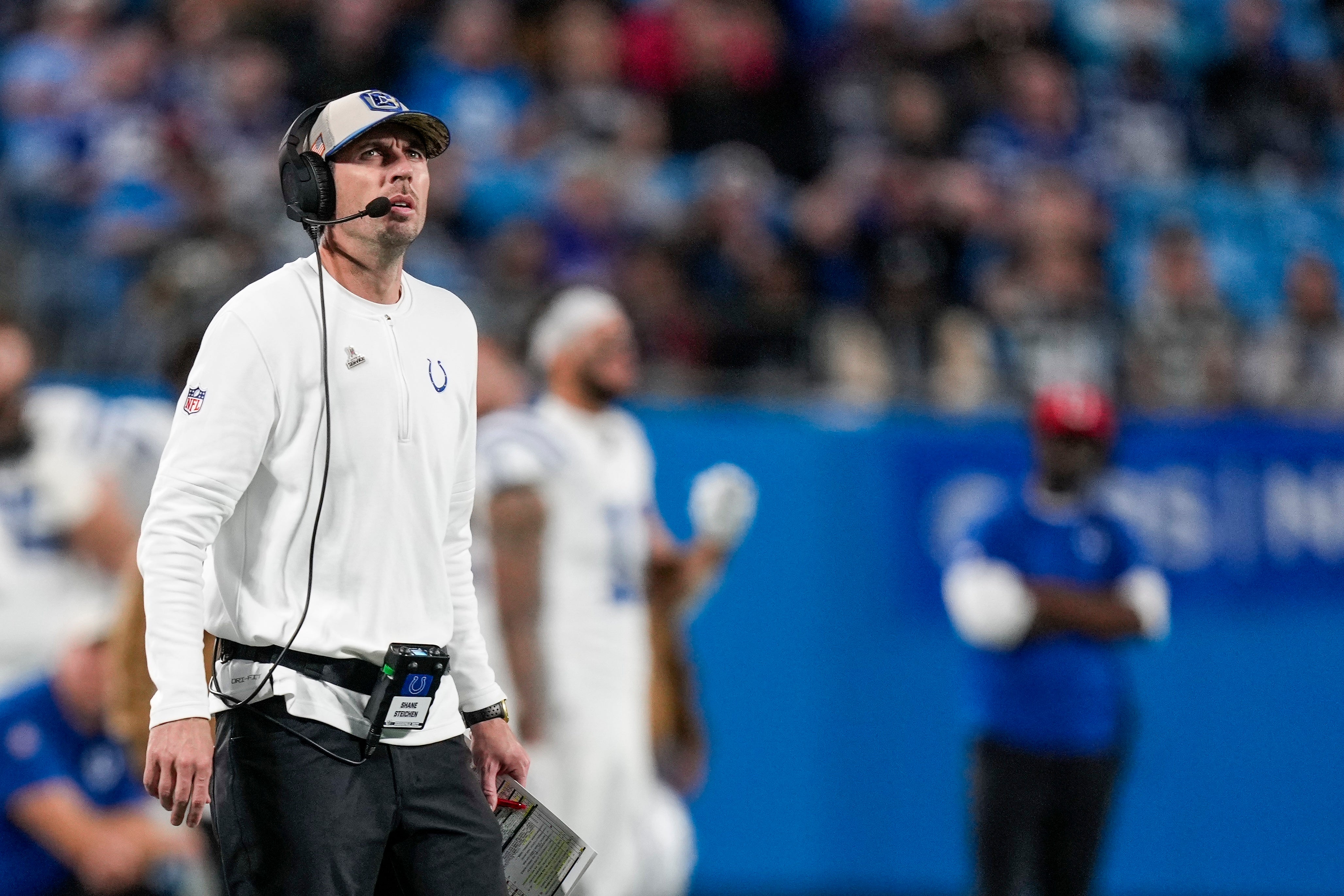 Nov 5, 2023; Charlotte, North Carolina, USA; Indianapolis Colts head coach Shane Steichen during the second half against the Carolina Panthers at Bank of America Stadium.