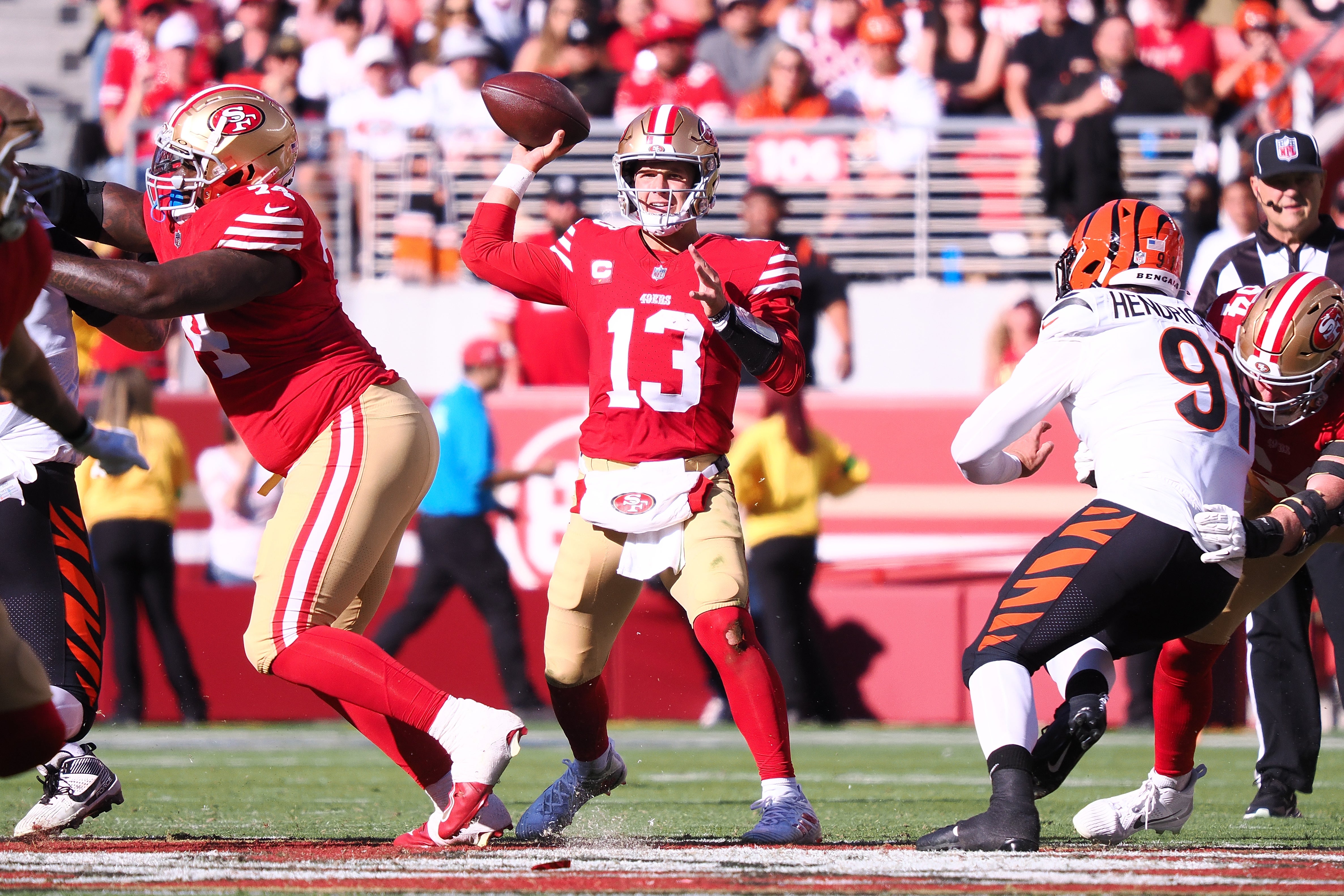Oct 29, 2023; Santa Clara, California, USA; San Francisco 49ers quarterback Brock Purdy (13) throws the ball against the Cincinnati Bengals during the third quarter at Levi's Stadium.
