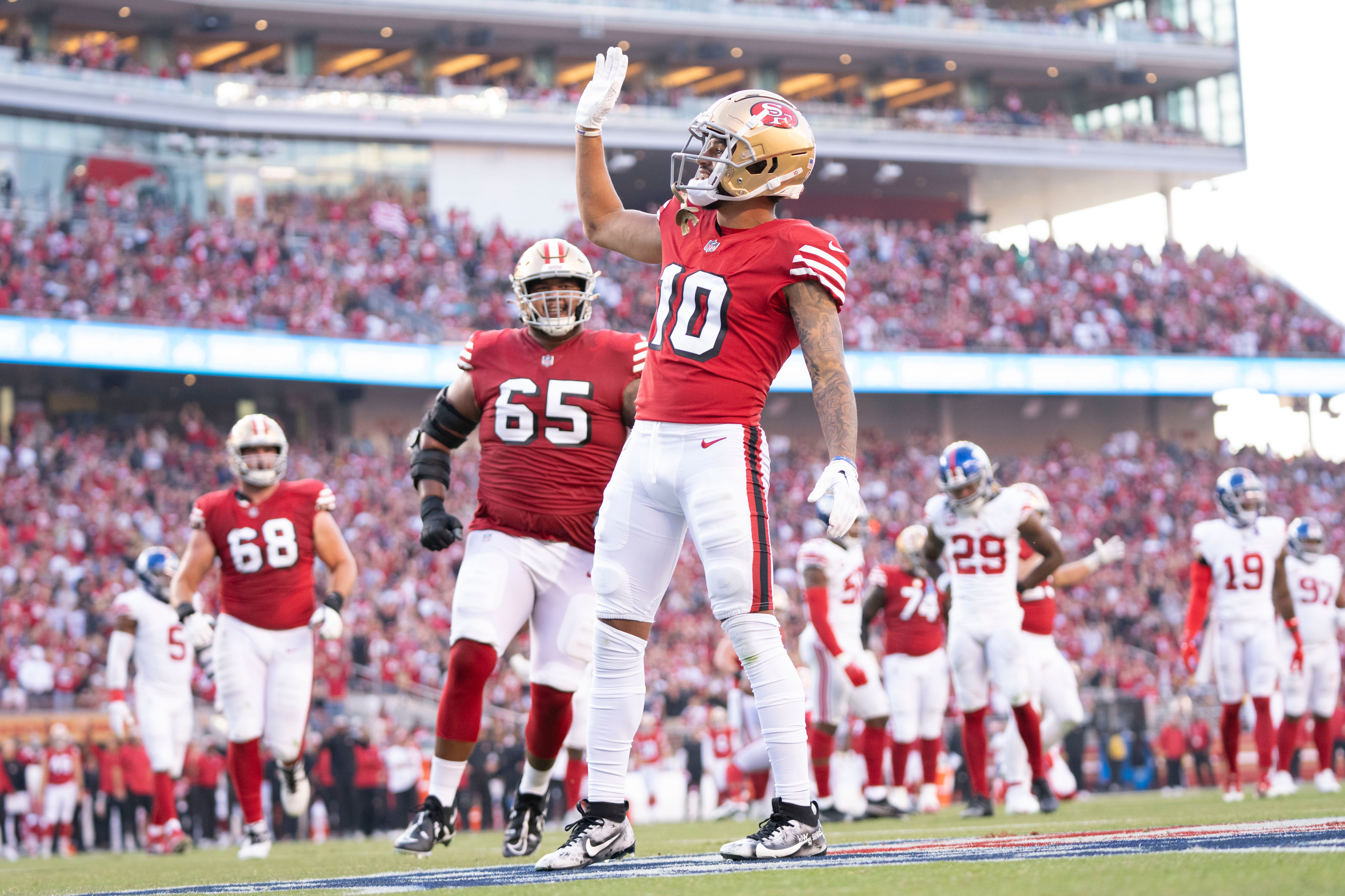September 21, 2023; Santa Clara, California, USA; San Francisco 49ers wide receiver Ronnie Bell (10) celebrates after scoring a touchdown against the New York Giants during the second quarter at Levi's Stadium.