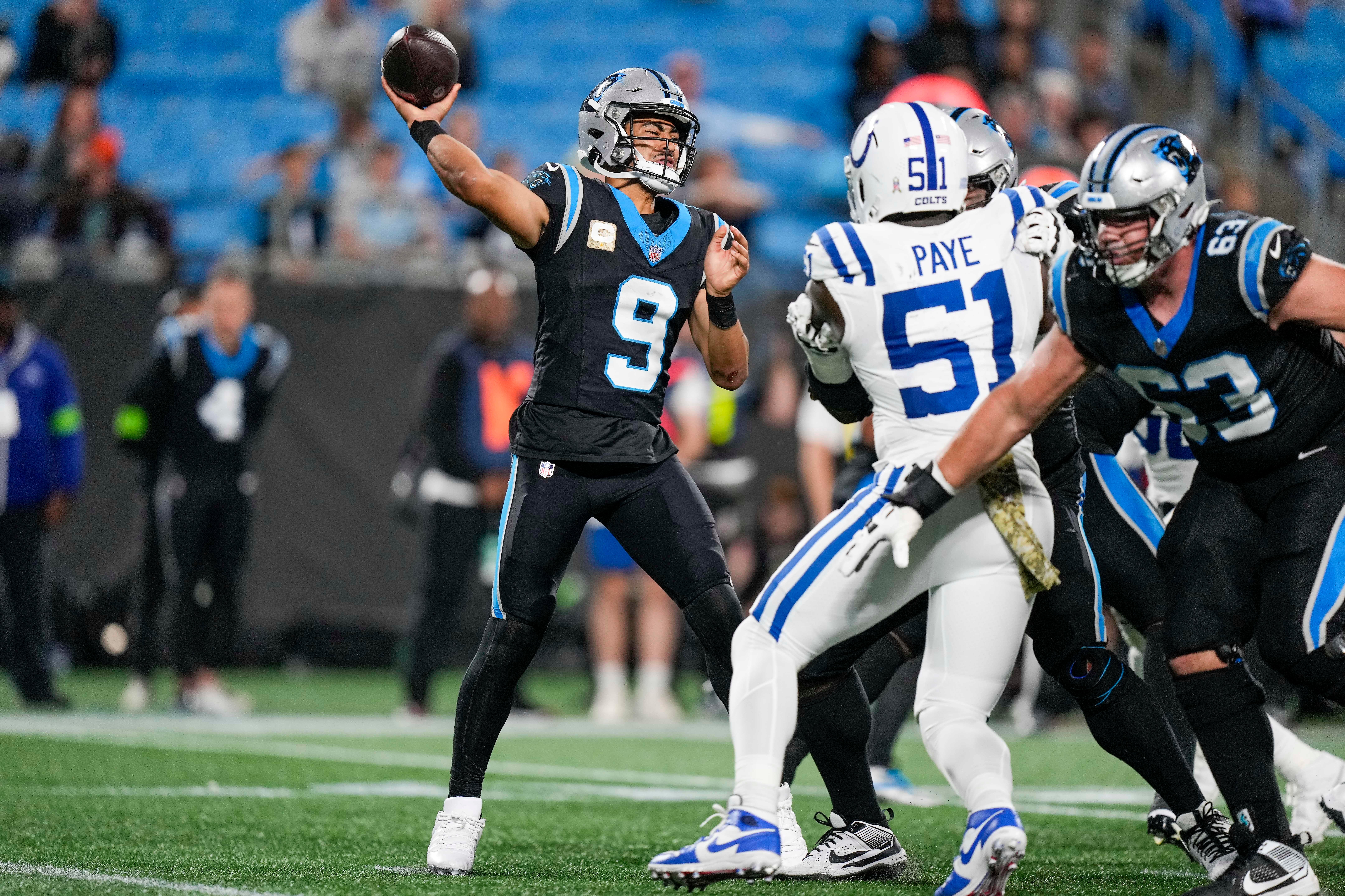 Nov 5, 2023; Charlotte, North Carolina, USA; Carolina Panthers quarterback Bryce Young (9) throws the ball against the Indianapolis Colts during the second half at Bank of America Stadium. Mandatory Credit: Jim Dedmon-USA TODAY Sports