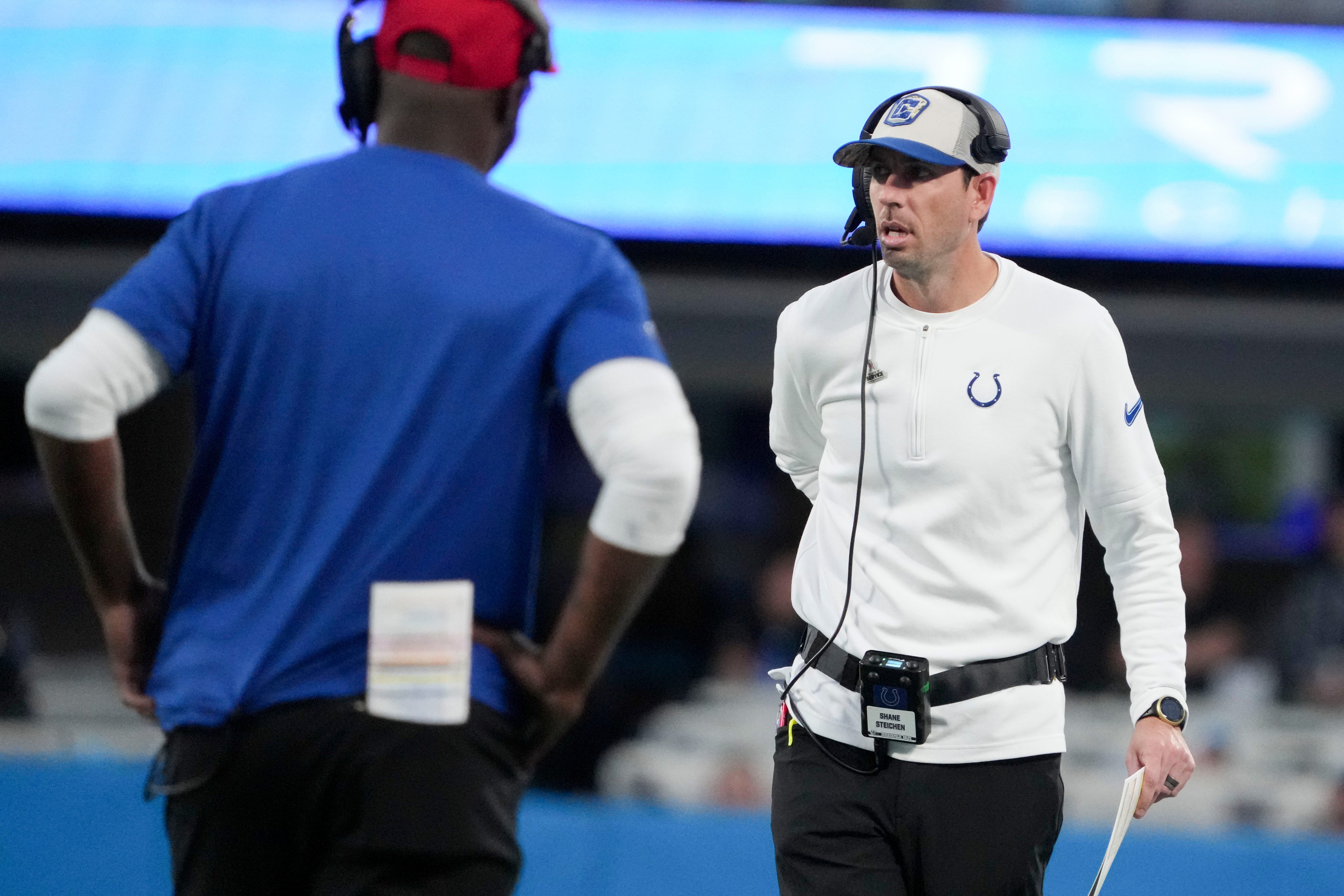 Indianapolis Colts head coach Shane Steichen walks the sideline Sunday, Nov. 5, 2023, during a game against the Carolina Panthers at Bank of America Stadium in Charlotte.