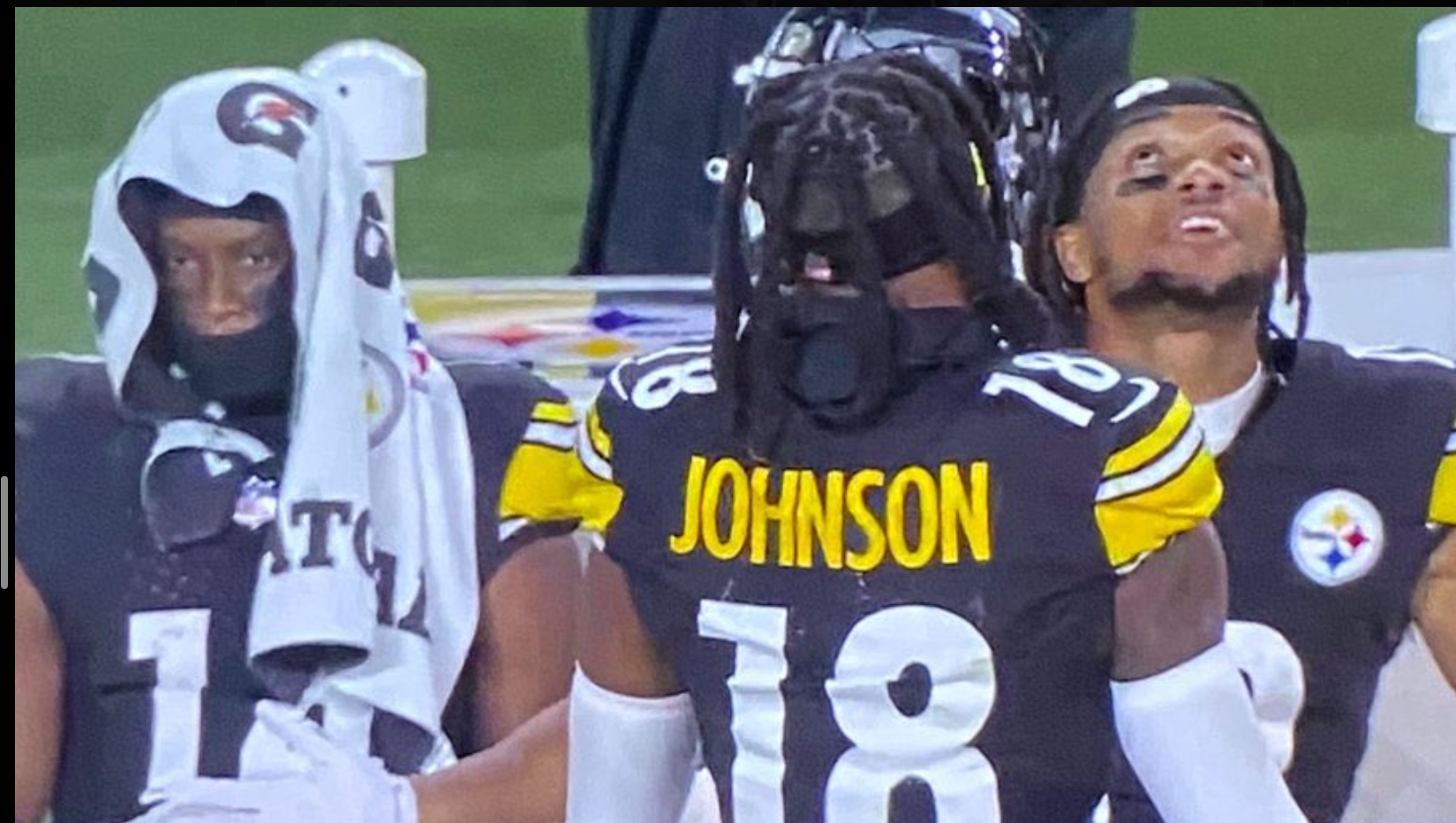 Pittsburgh Steelers George Pickens reaction after Diontae Johnson touchdown reception vs. Tennessee Titans 11/2/23