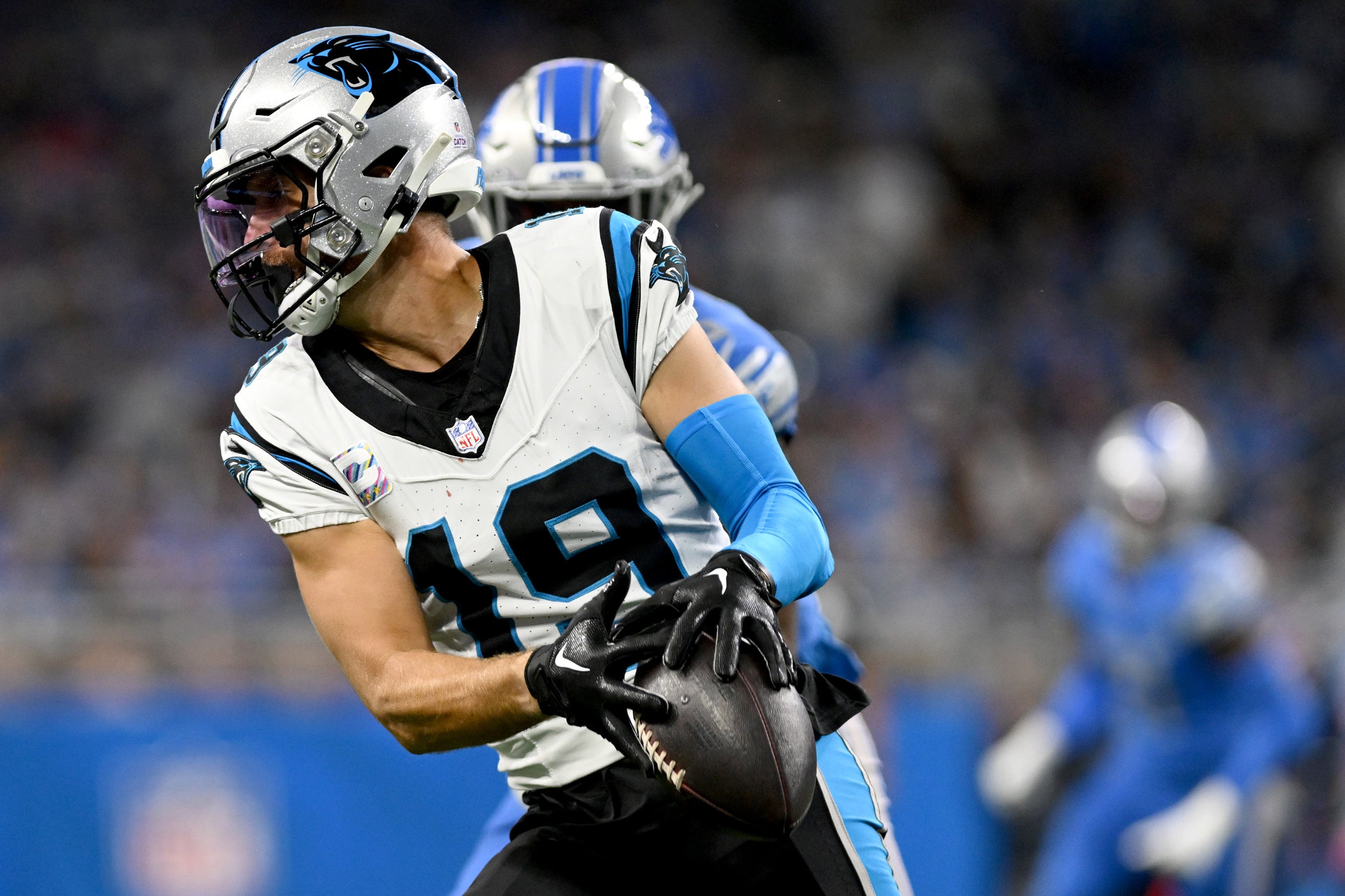Oct 8, 2023; Detroit, Michigan, USA; Carolina Panthers wide receiver Adam Thielen (19) catches a pass against the Detroit Lions in the second quarter at Ford Field. Mandatory Credit: Lon Horwedel-USA TODAY Sports