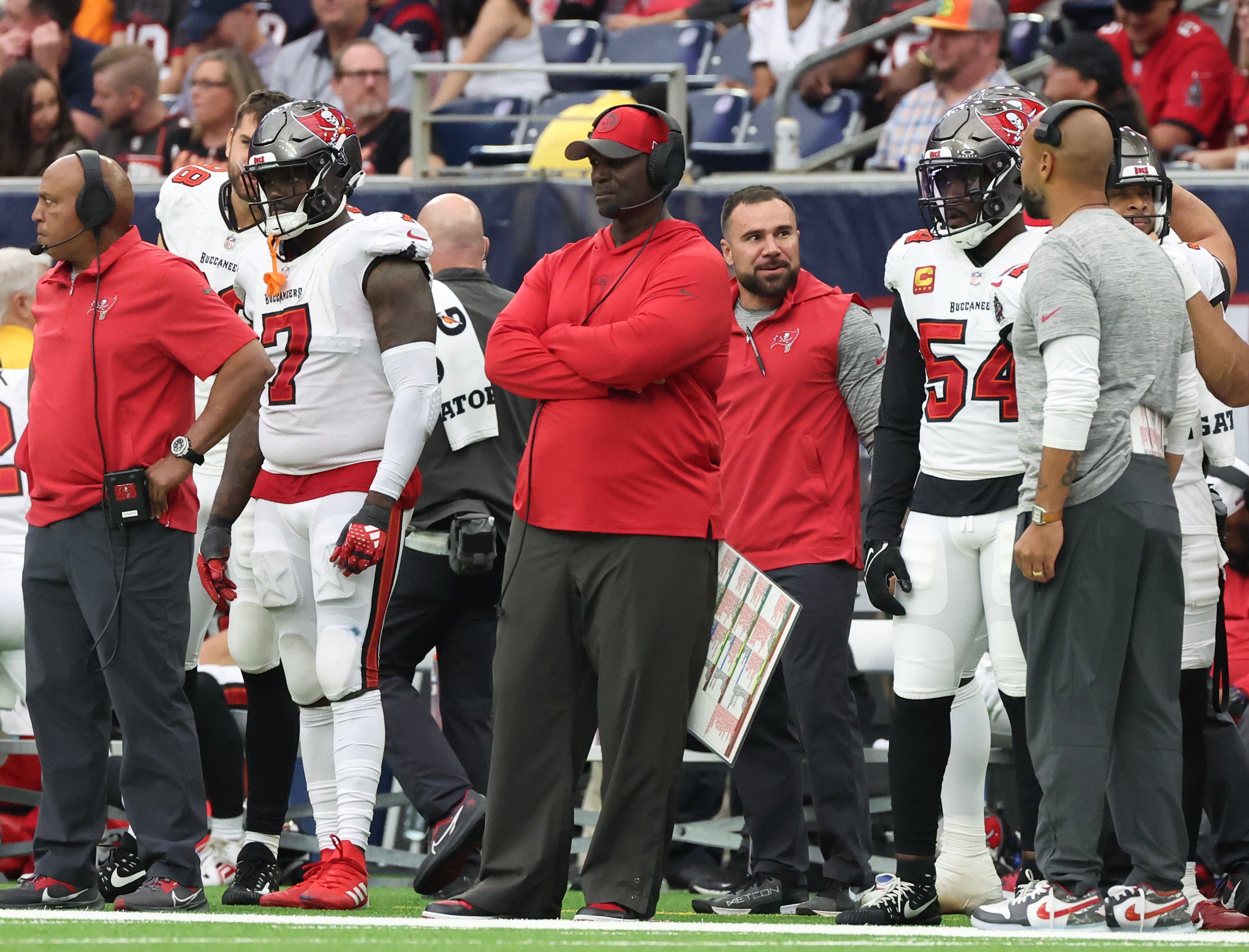 Nov 5, 2023; Houston, Texas, USA; Tampa Bay Buccaneers head coach Todd Bowles watches play against the Houston Texans in the fourth quarter at NRG Stadium. Mandatory Credit: Thomas Shea-USA TODAY Sports