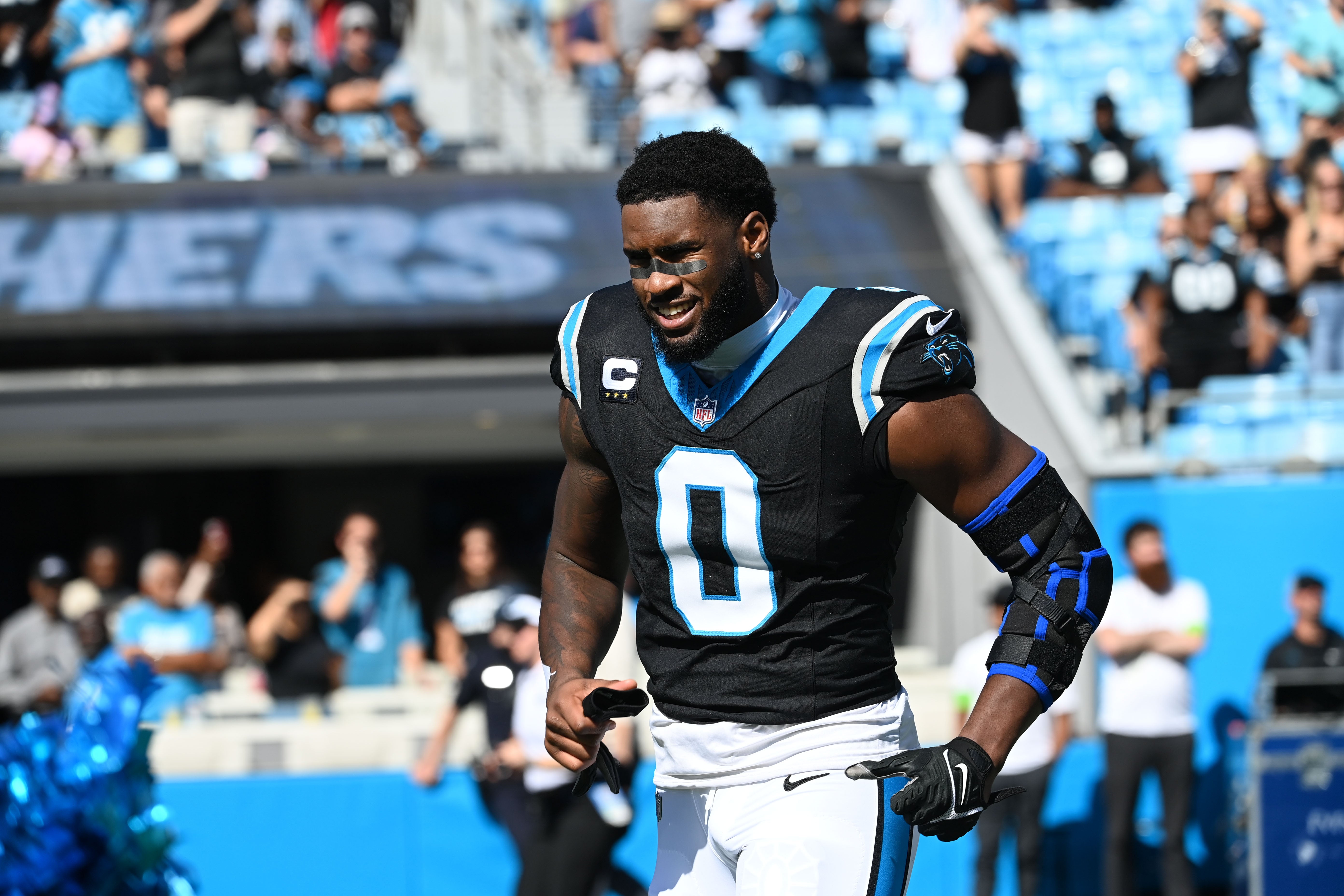 Oct 29, 2023; Charlotte, North Carolina, USA; Carolina Panthers linebacker Brian Burns (0) runs on to the field at Bank of America Stadium. Mandatory Credit: Bob Donnan-USA TODAY Sports