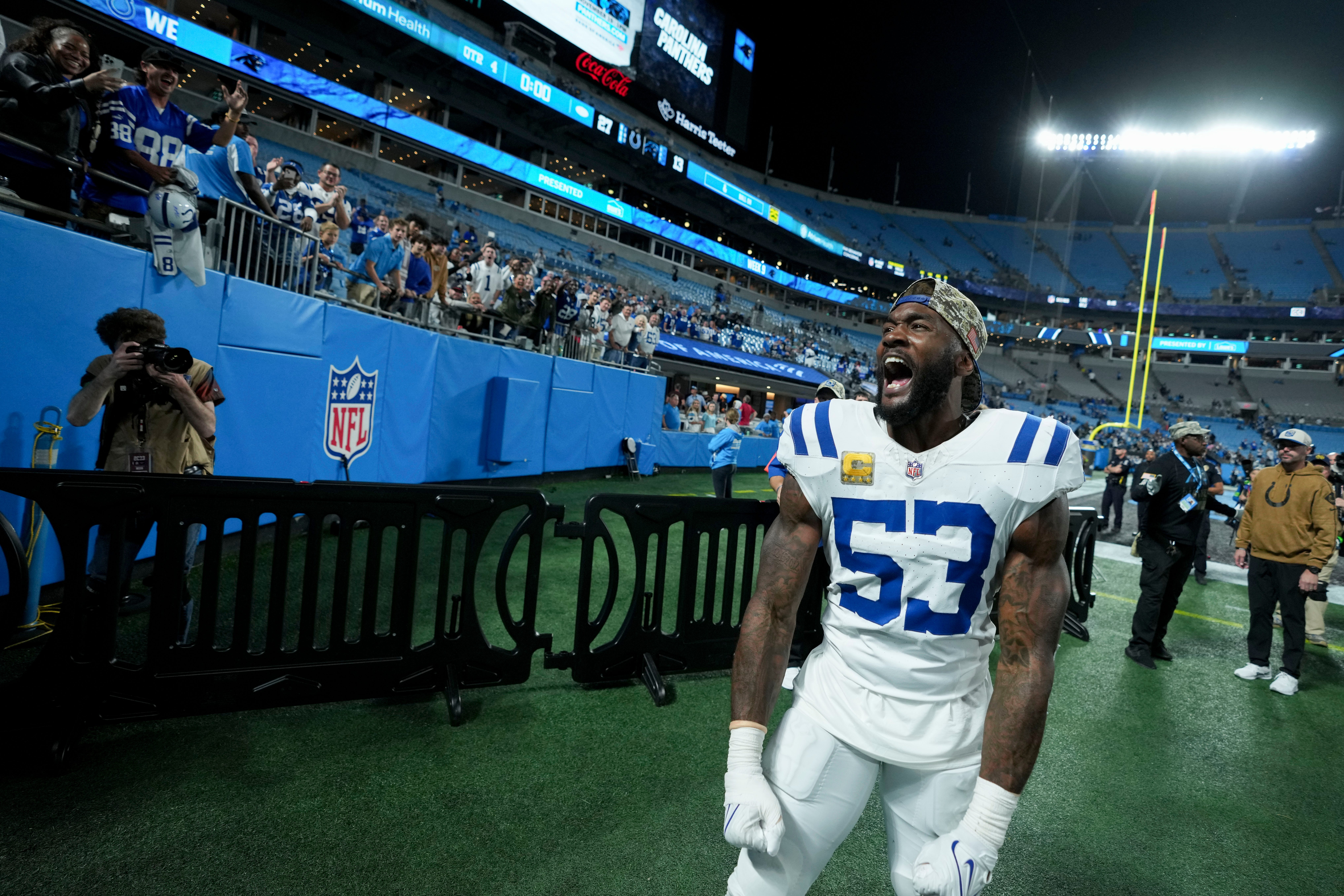 Indianapolis Colts linebacker Shaquille Leonard (53) yells as he leaves the field Sunday, Nov. 5, 2023, after a game against the Carolina Panthers at Bank of America Stadium in Charlotte.