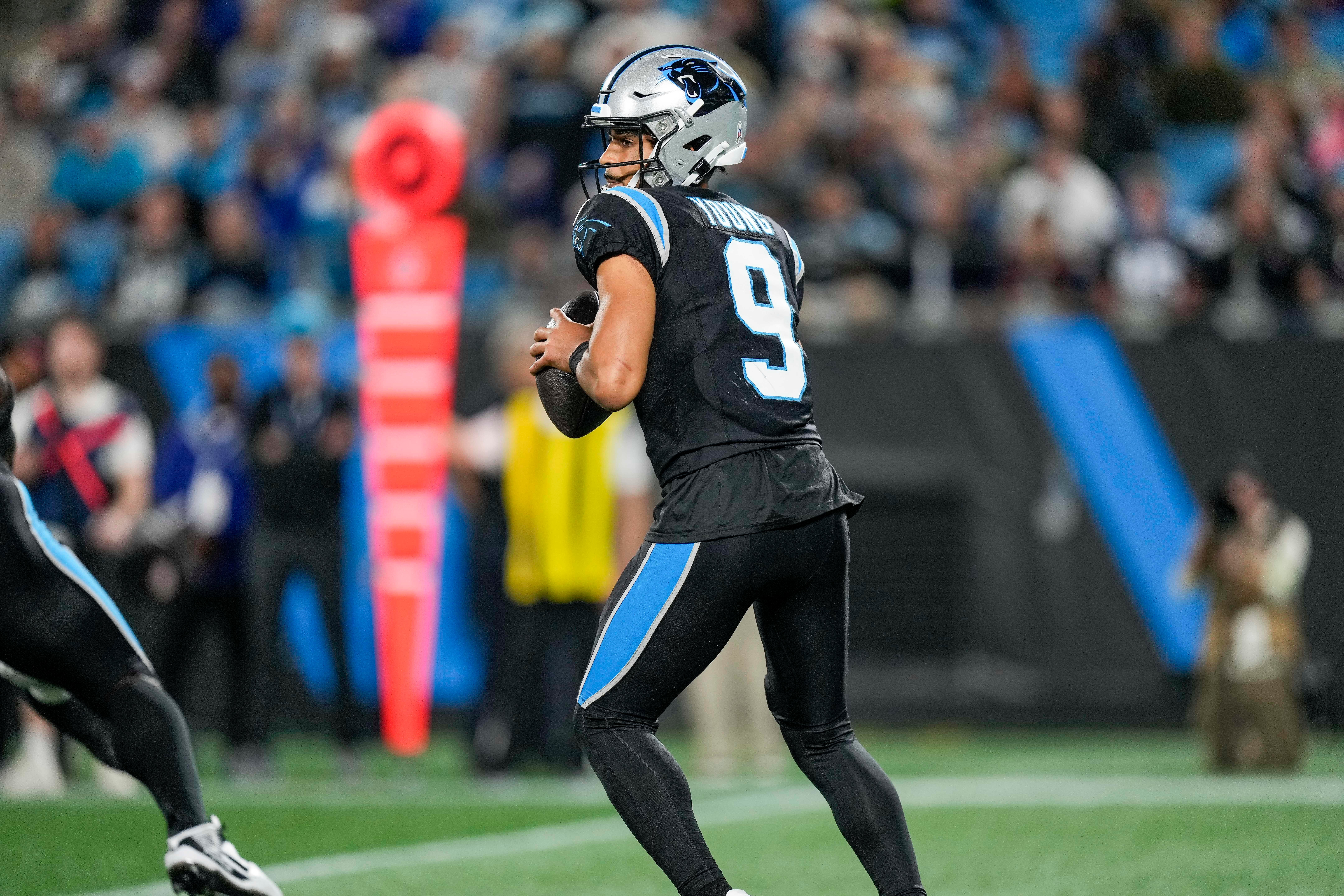 Nov 5, 2023; Charlotte, North Carolina, USA; Carolina Panthers quarterback Bryce Young (9) looks for a receiver during the second half against the Indianapolis Colts at Bank of America Stadium. Mandatory Credit: Jim Dedmon-USA TODAY Sports