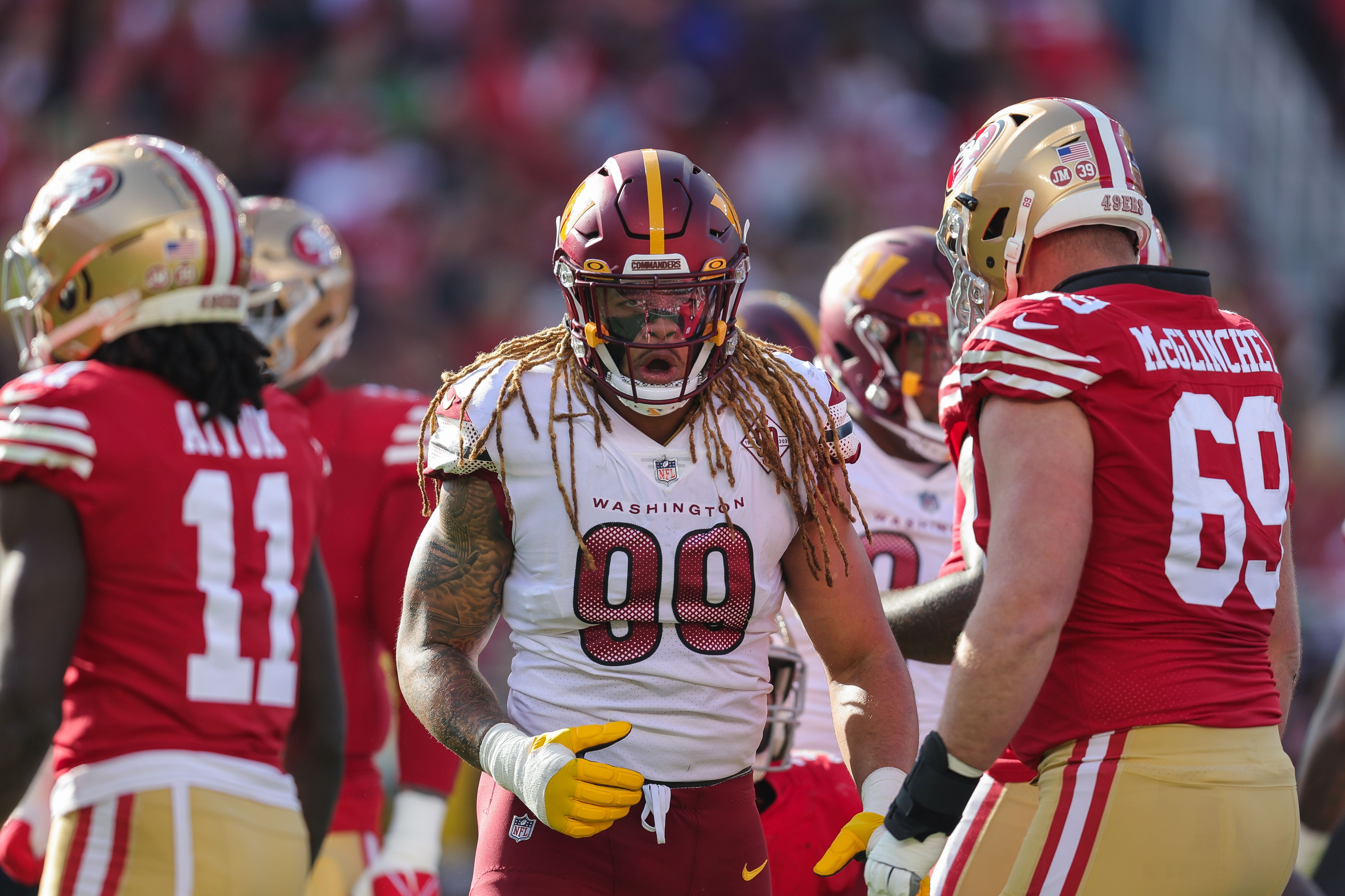 Dec 24, 2022; Santa Clara, California, USA; Washington Commanders defensive end Chase Young (99) reacts after a play during the second quarter against the San Francisco 49ers at Levi's Stadium.