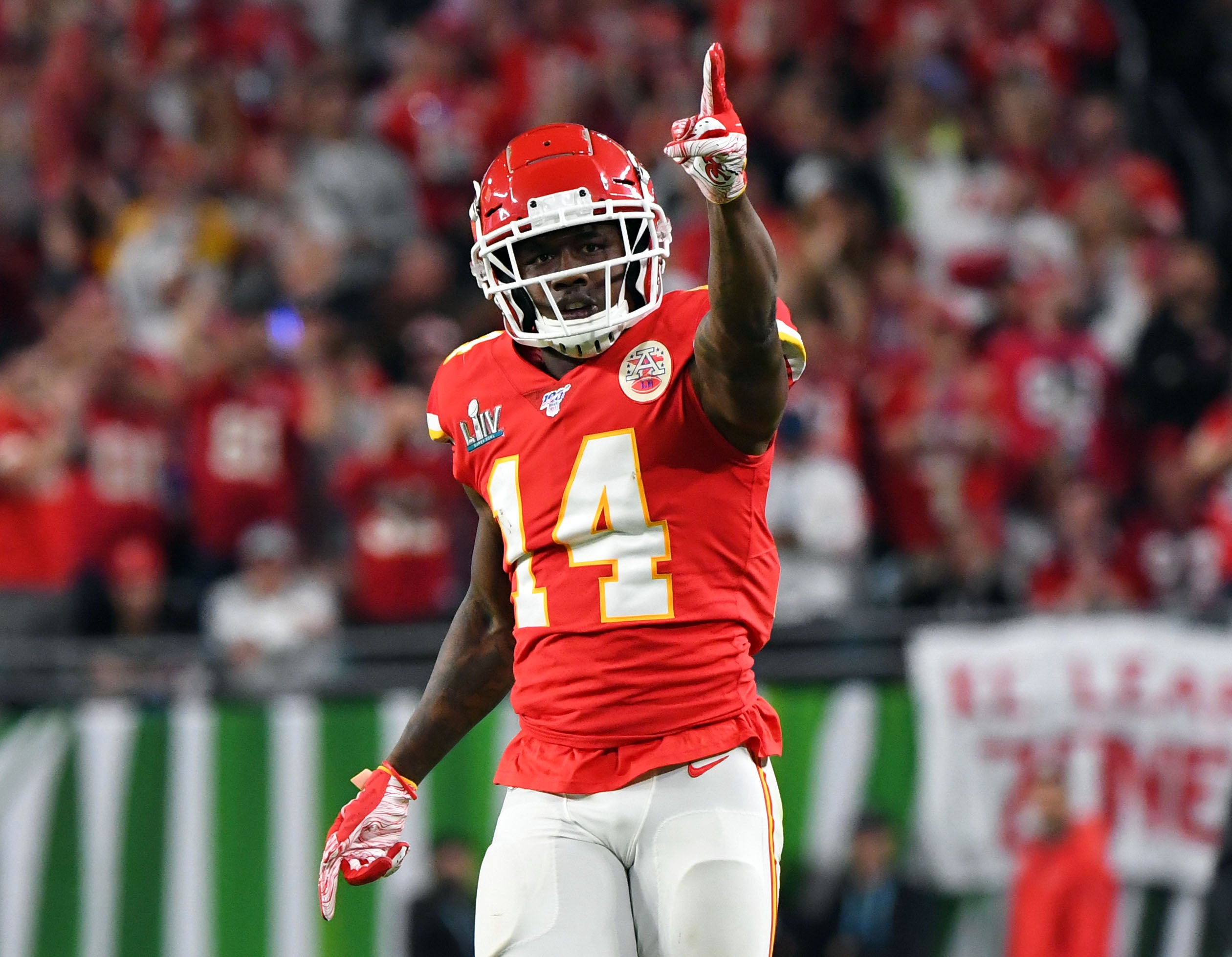 Feb 2, 2020; Miami Gardens, Florida, USA; Kansas City Chiefs wide receiver Sammy Watkins (14) celebrates after making a catch during the first quarter against the San Francisco 49ers in Super Bowl LIV at Hard Rock Stadium.