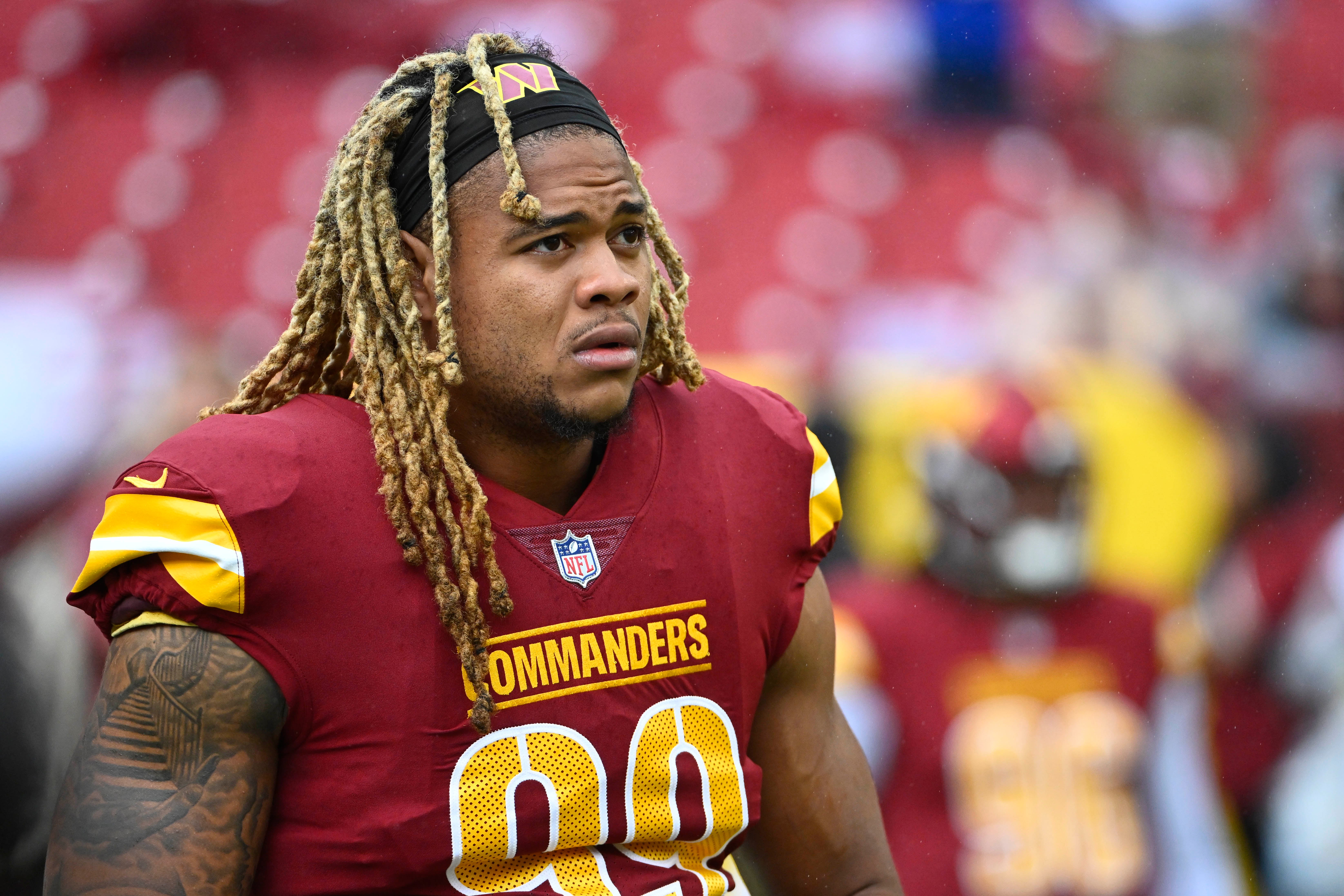 Sep 24, 2023; Landover, Maryland, USA; Washington Commanders defensive end Chase Young (99) on the field before the game against the Buffalo Bills at FedExField. Mandatory Credit: Brad Mills-USA TODAY Sports