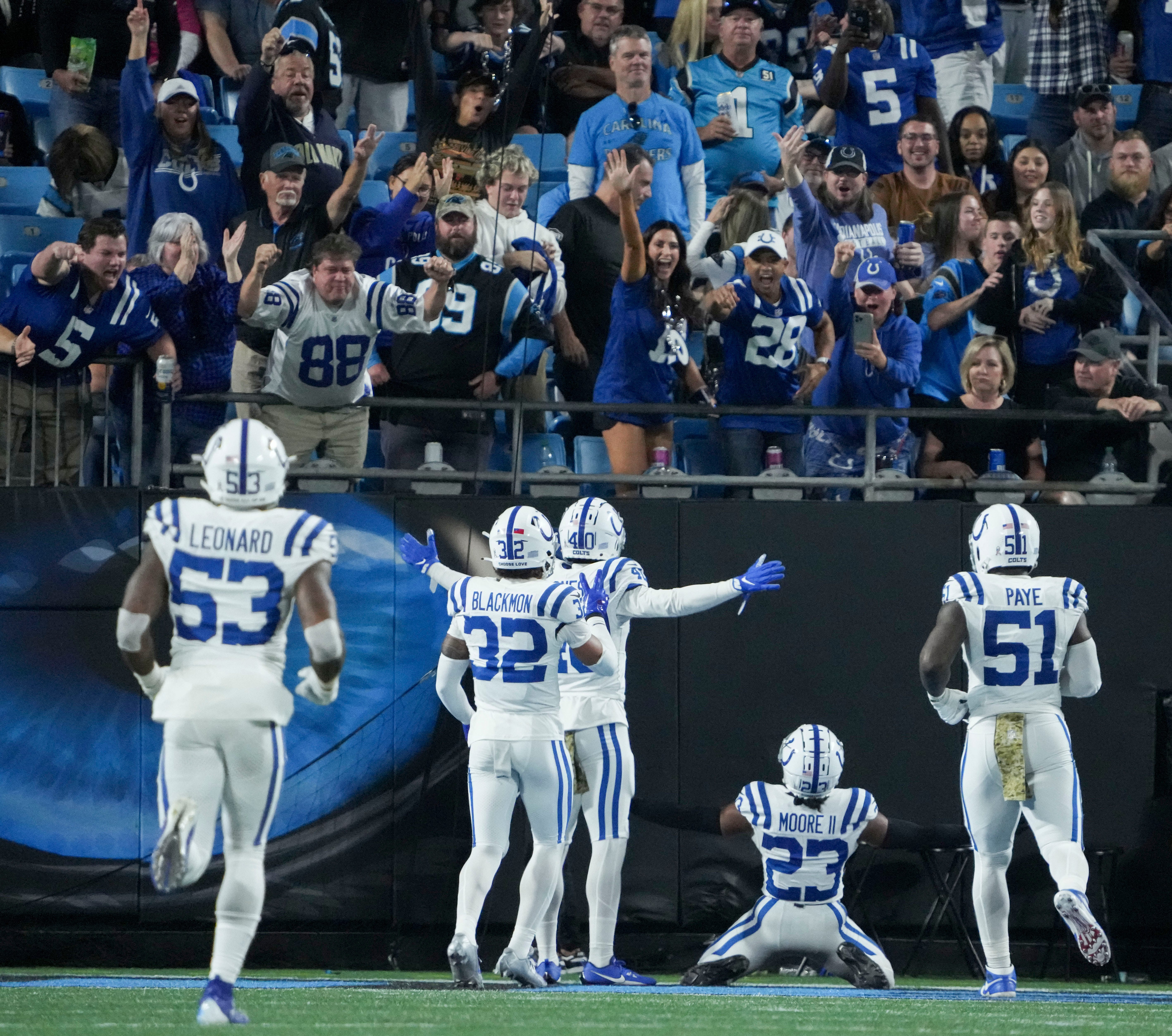 Indianapolis Colts cornerback Kenny Moore II (23) celebrates in the end zone after intercepting a pass by Carolina Panthers quarterback Bryce Young (9) and rushing 66 yards for a touchdown Sunday, Nov. 5, 2023, during a game against the Carolina Panthers at Bank of America Stadium in Charlotte.