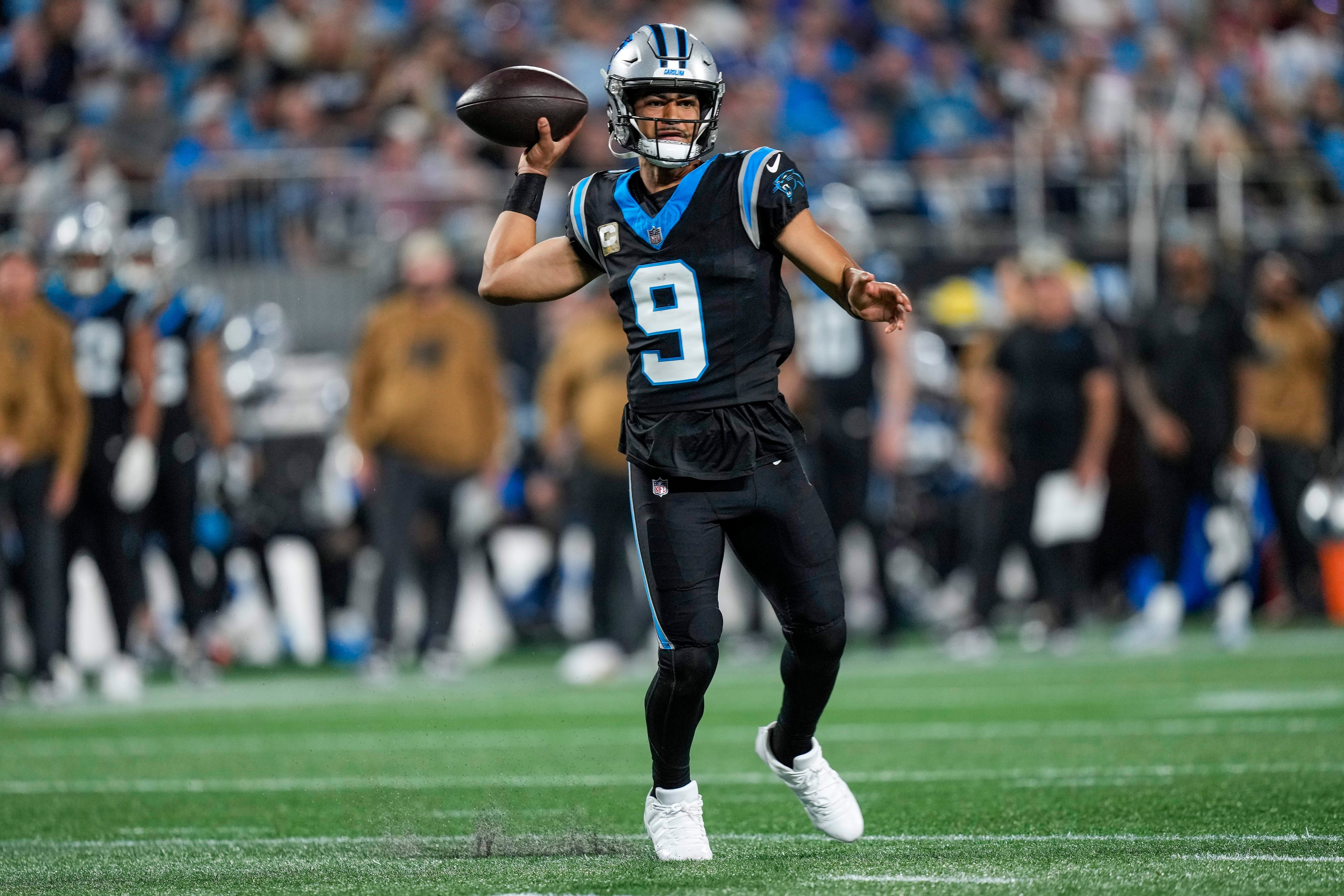 Nov 5, 2023; Charlotte, North Carolina, USA; Carolina Panthers quarterback Bryce Young (9) throws during the second half against the Indianapolis Colts at Bank of America Stadium. Mandatory Credit: Jim Dedmon-USA TODAY Sport