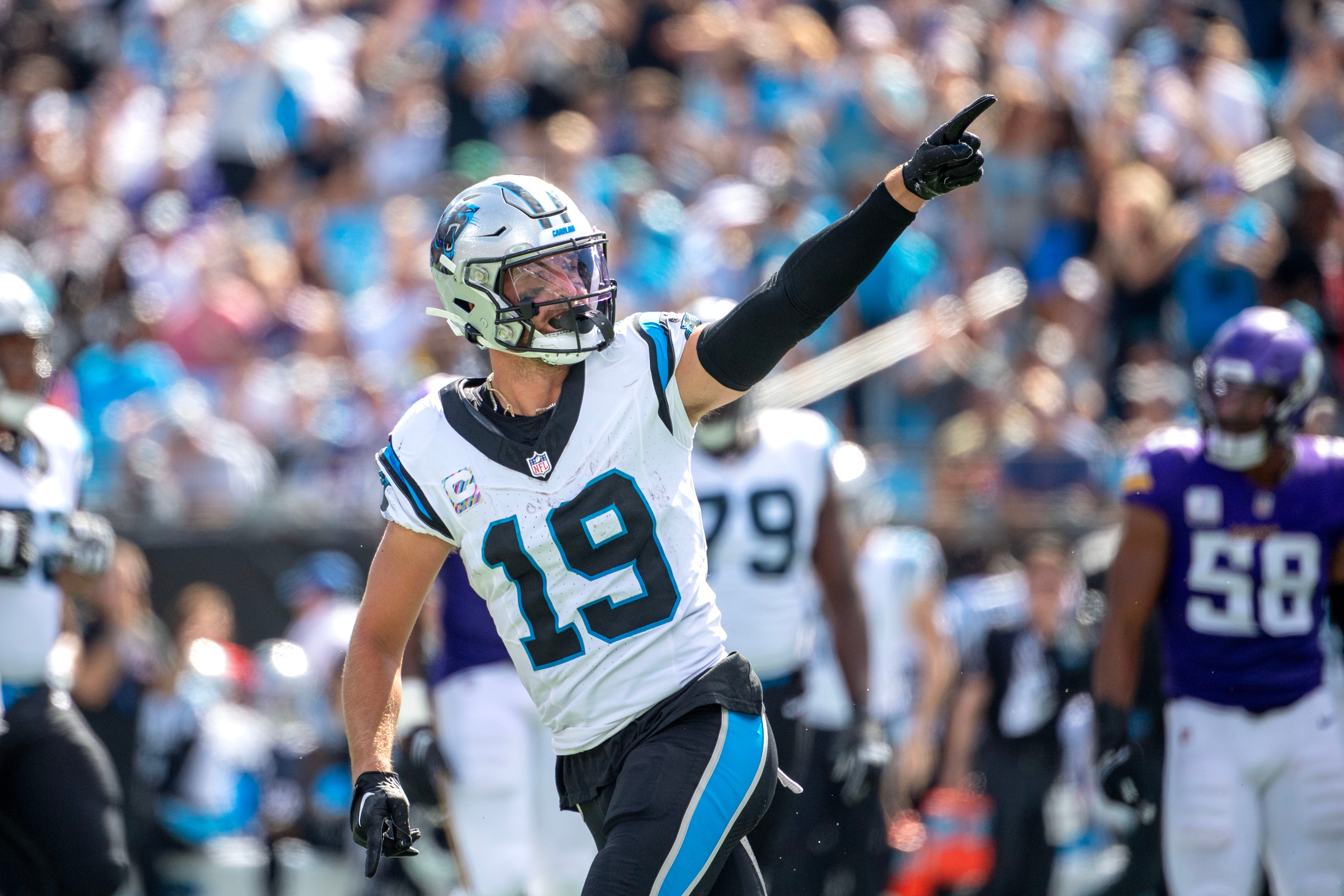 Oct 1, 2023; Charlotte, North Carolina, USA; Carolina Panthers wide receiver Adam Thielen (19) reacts in the third quarter at Bank of America Stadium. Mandatory Credit: Bob Donnan-USA TODAY Sports