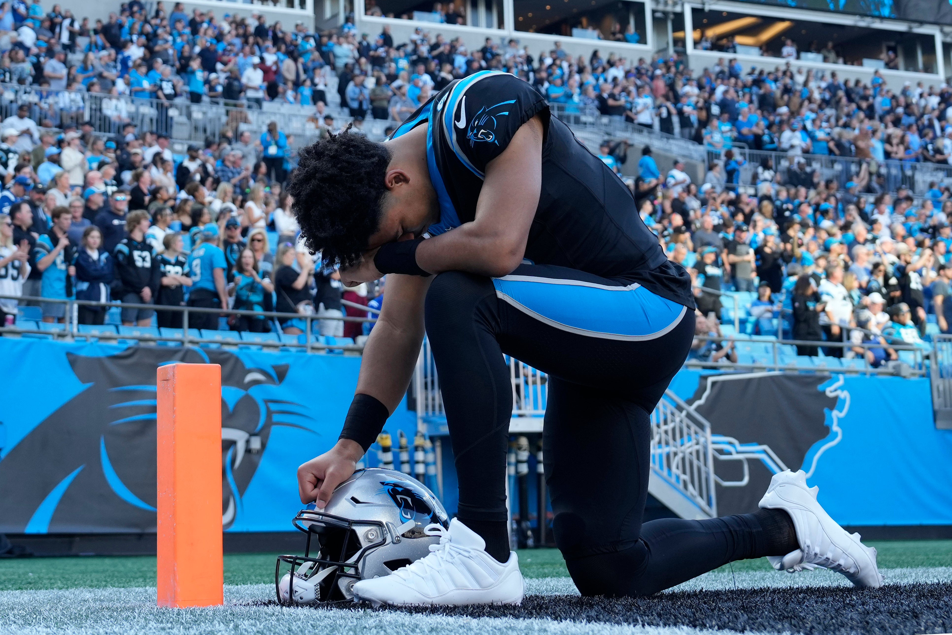 Nov 5, 2023; Charlotte, North Carolina, USA; Carolina Panthers quarterback Bryce Young (9) reflects before the game at Bank of America Stadium. Mandatory Credit: Bob Donnan-USA TODAY Sports