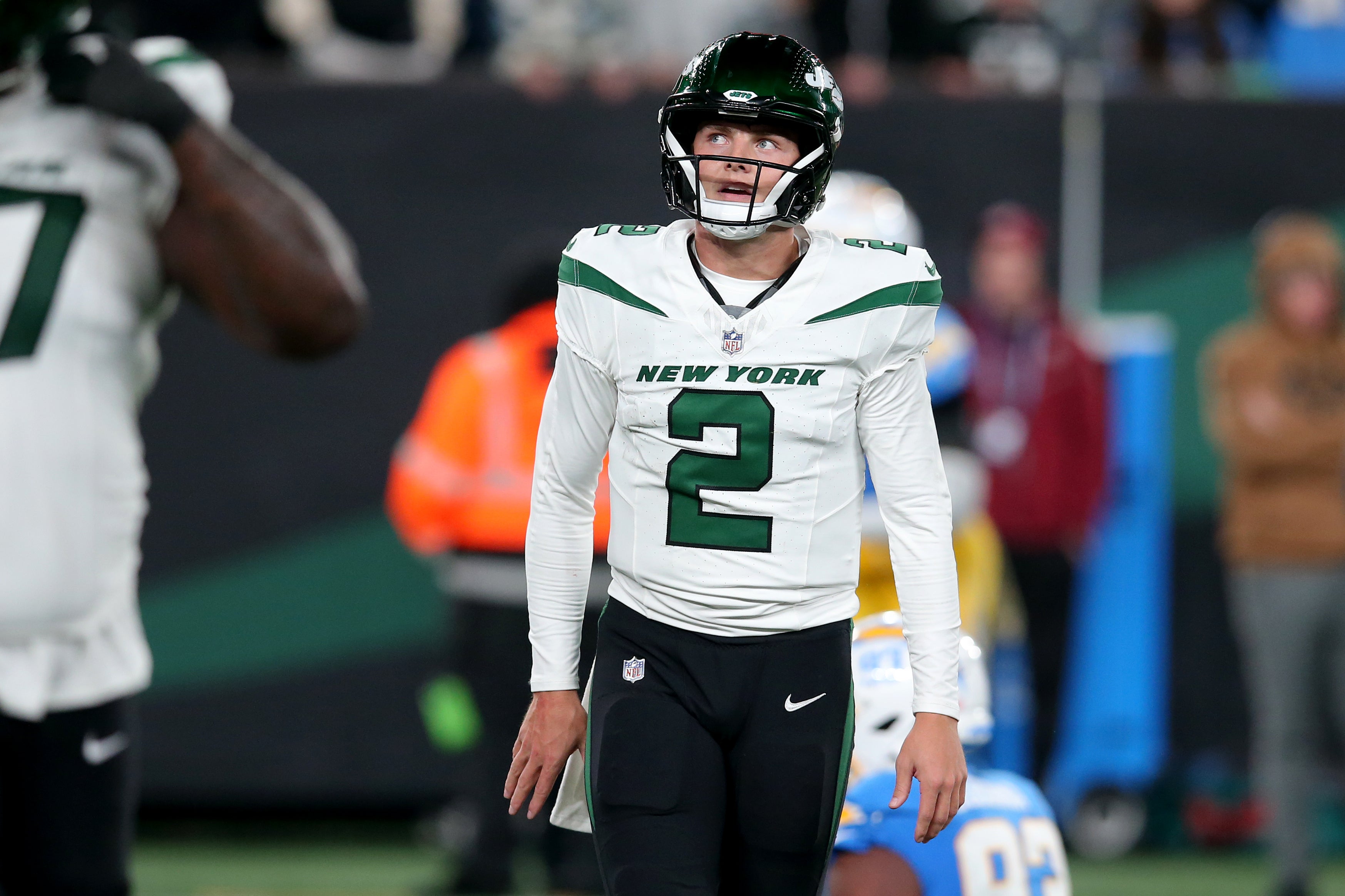 New York Jets quarterback Zach Wilson (2) reacts during the fourth quarter against the Los Angeles Chargers at MetLife Stadium.