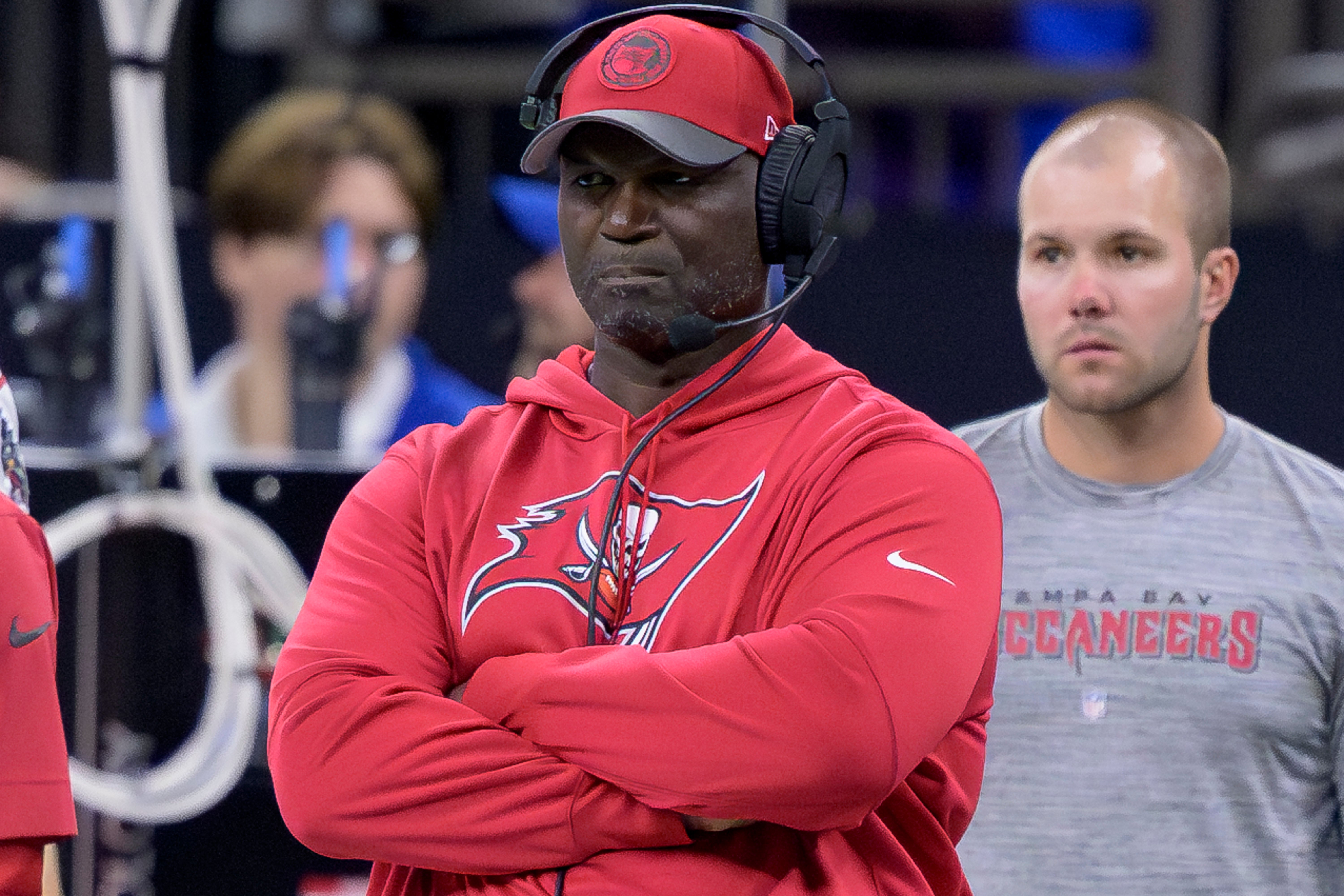 Oct 1, 2023; New Orleans, Louisiana, USA; Tampa Bay Buccaneers head coach Todd Bowles watches his team against the New Orleans Saints during the second quarter at the Caesars Superdome. Mandatory Credit: Matthew Hinton-USA TODAY Sports