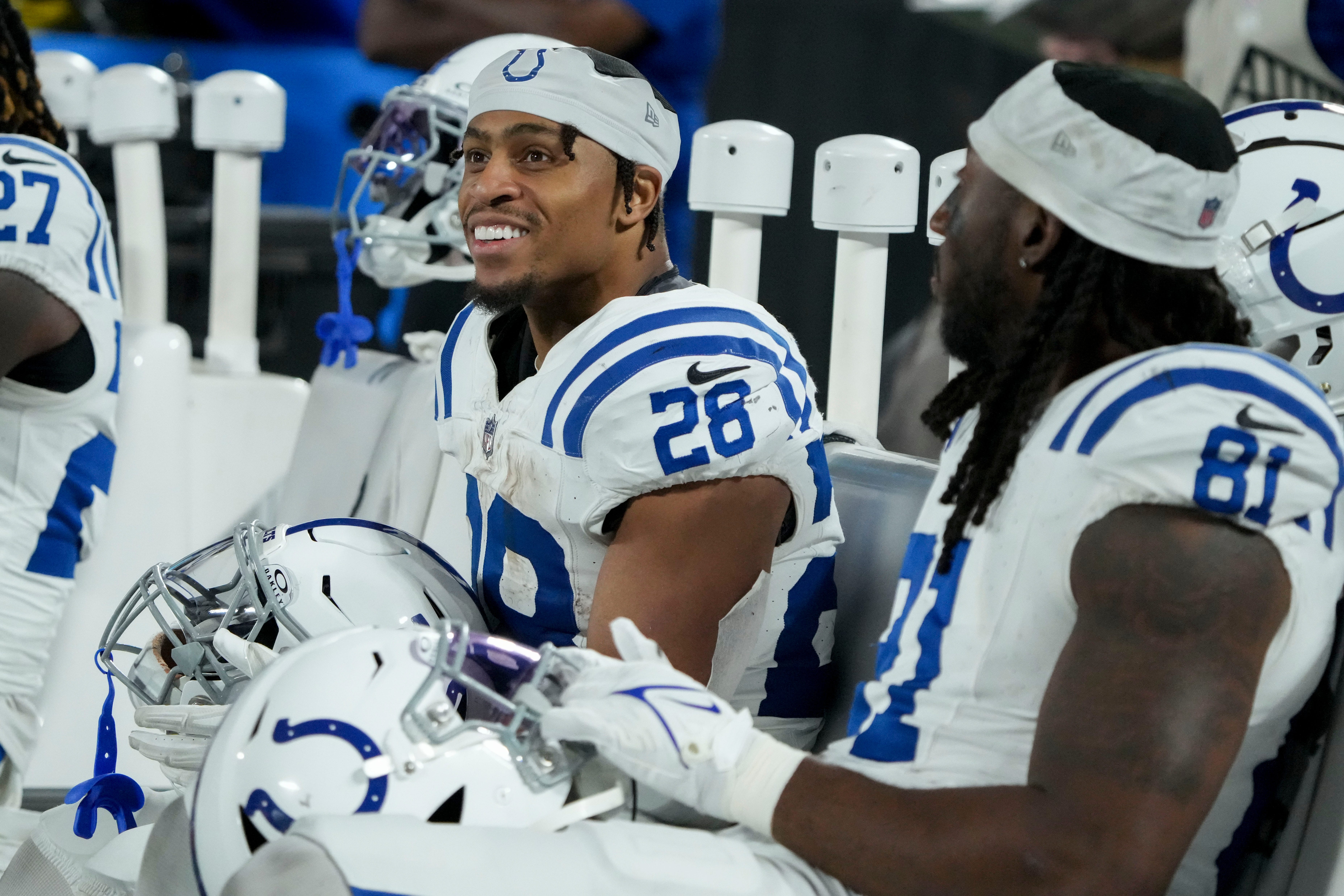 Indianapolis Colts running back Jonathan Taylor (28) sits on the sideline Sunday, Nov. 5, 2023, during a game against the Carolina Panthers at Bank of America Stadium in Charlotte.
