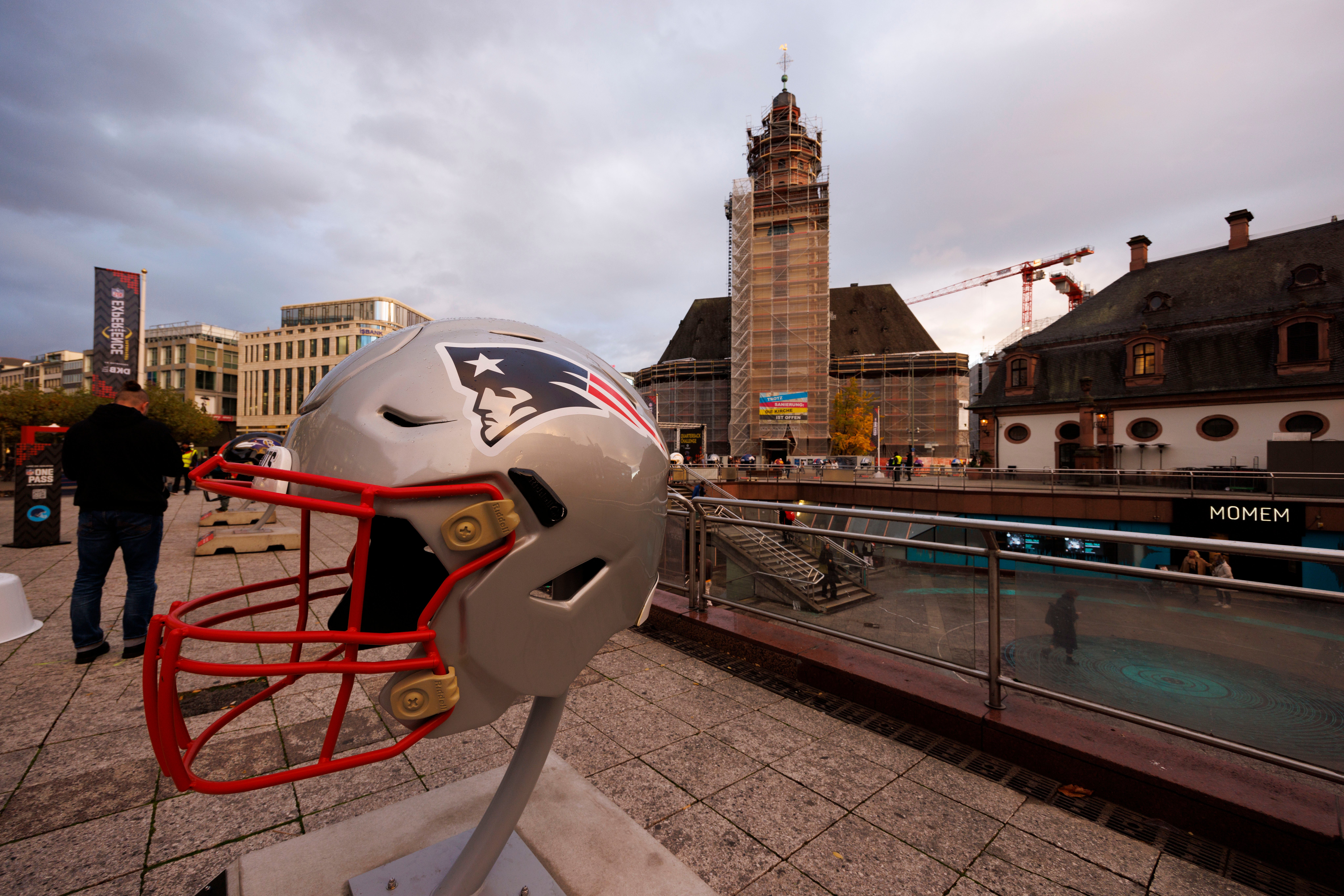 A New England Patriots helmet is displayed in central Frankfurt prior to an NFL International Series game against the Indianapolis Colts.