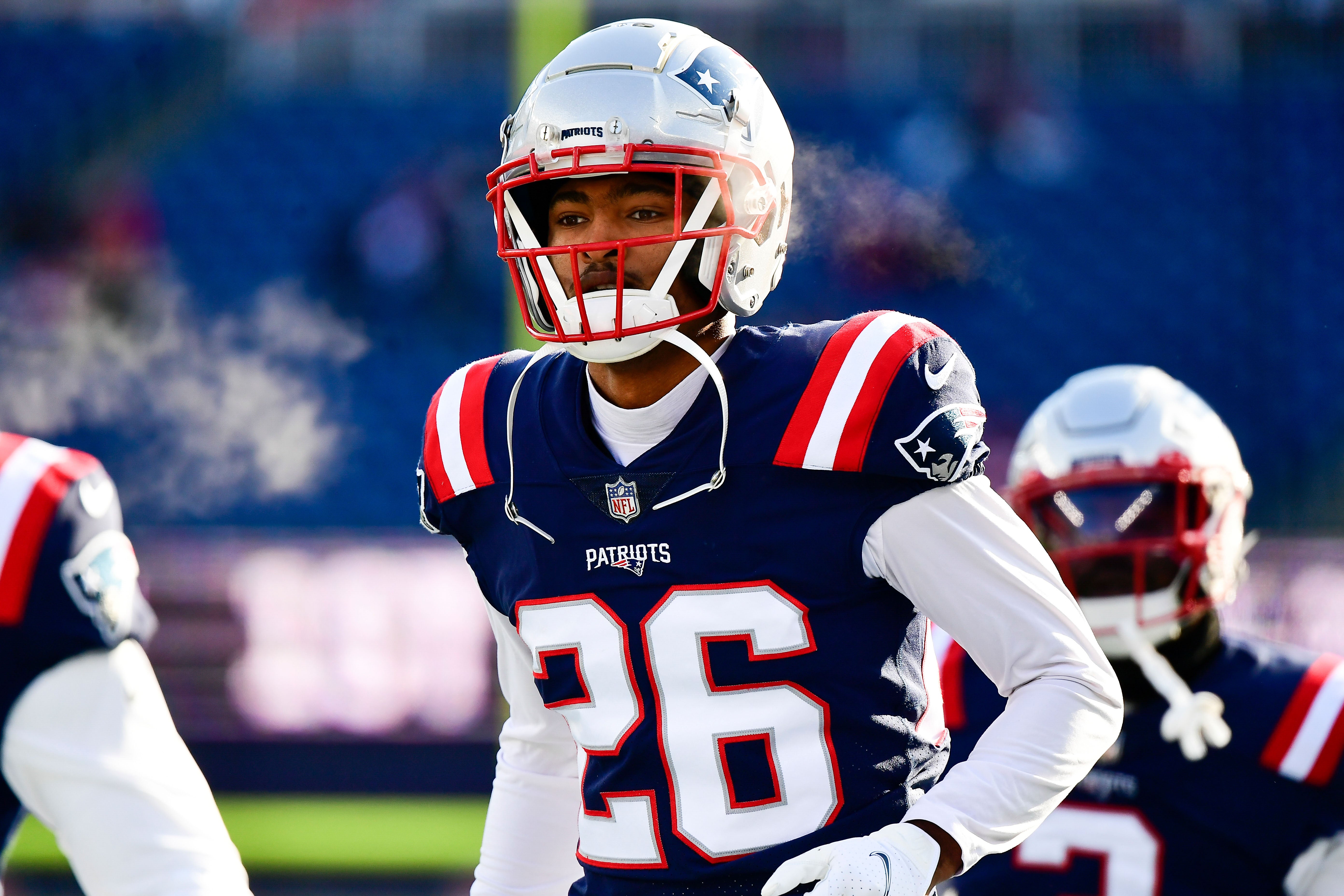 New England Patriots cornerback Shaun Wade warms up before the start of a game