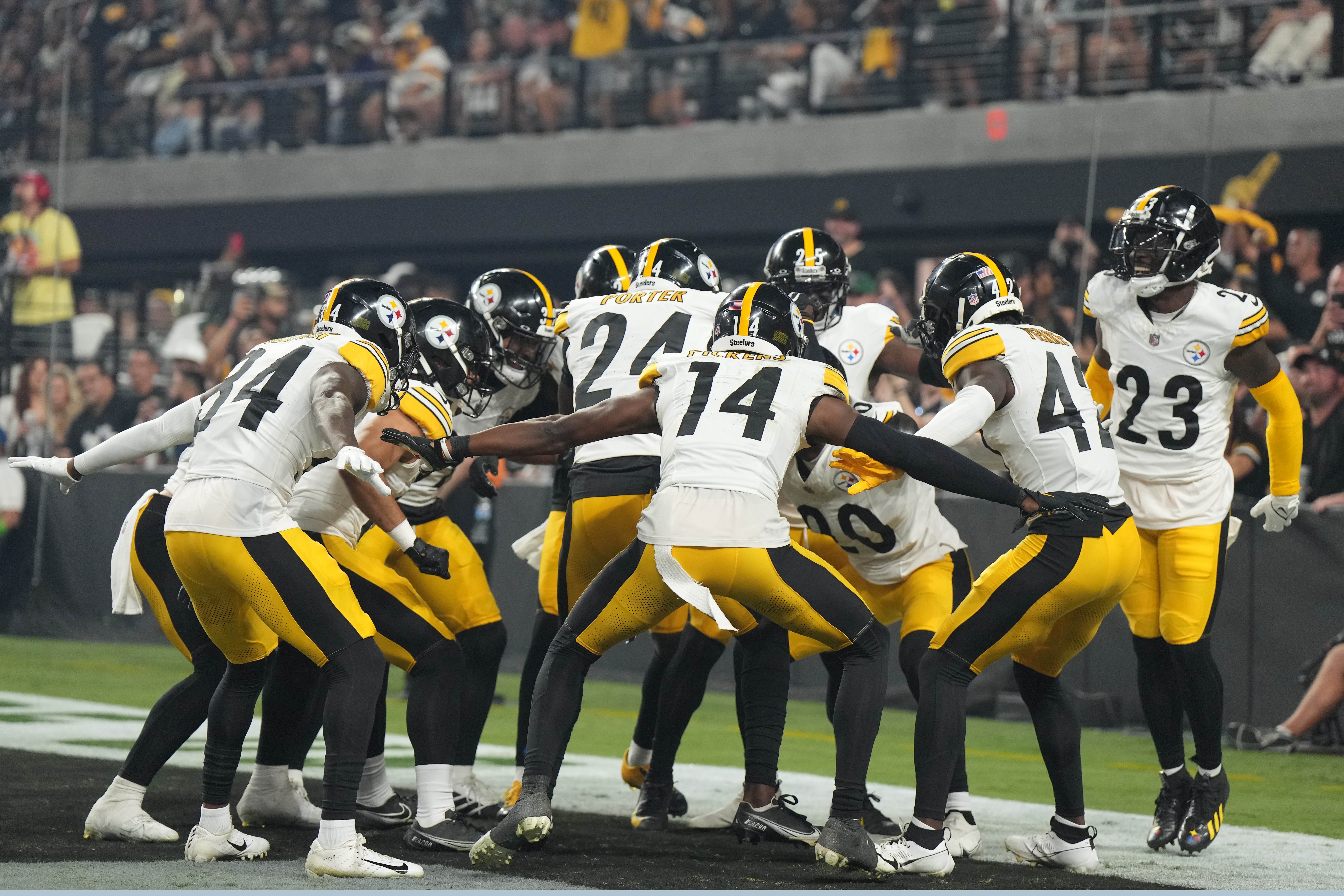 Sep 24, 2023; Paradise, Nevada, USA; Pittsburgh Steelers cornerback Patrick Peterson (20) celebrates with teammates after intercepting a pass against the Las Vegas Raiders in the second half at Allegiant Stadium. Mandatory Credit: Kirby Lee-USA TODAY Sports  
