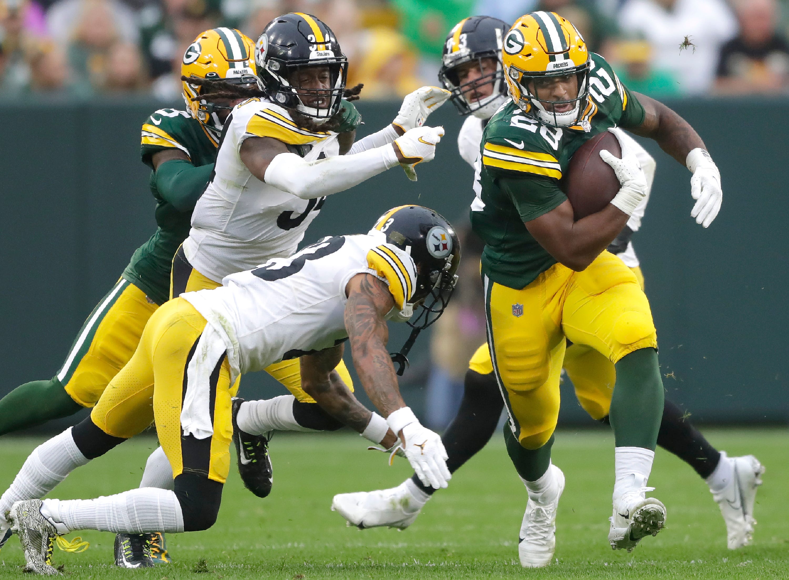 Green Bay Packers running back AJ Dillon (28) against the Pittsburgh Steelers during their football game on Sunday, October 3, 2021, at Lambeau Field in Green Bay, Wis. Wm. Glasheen USA TODAY NETWORK-Wisconsin Apc Packers Vs Steelers 12677 100321wag