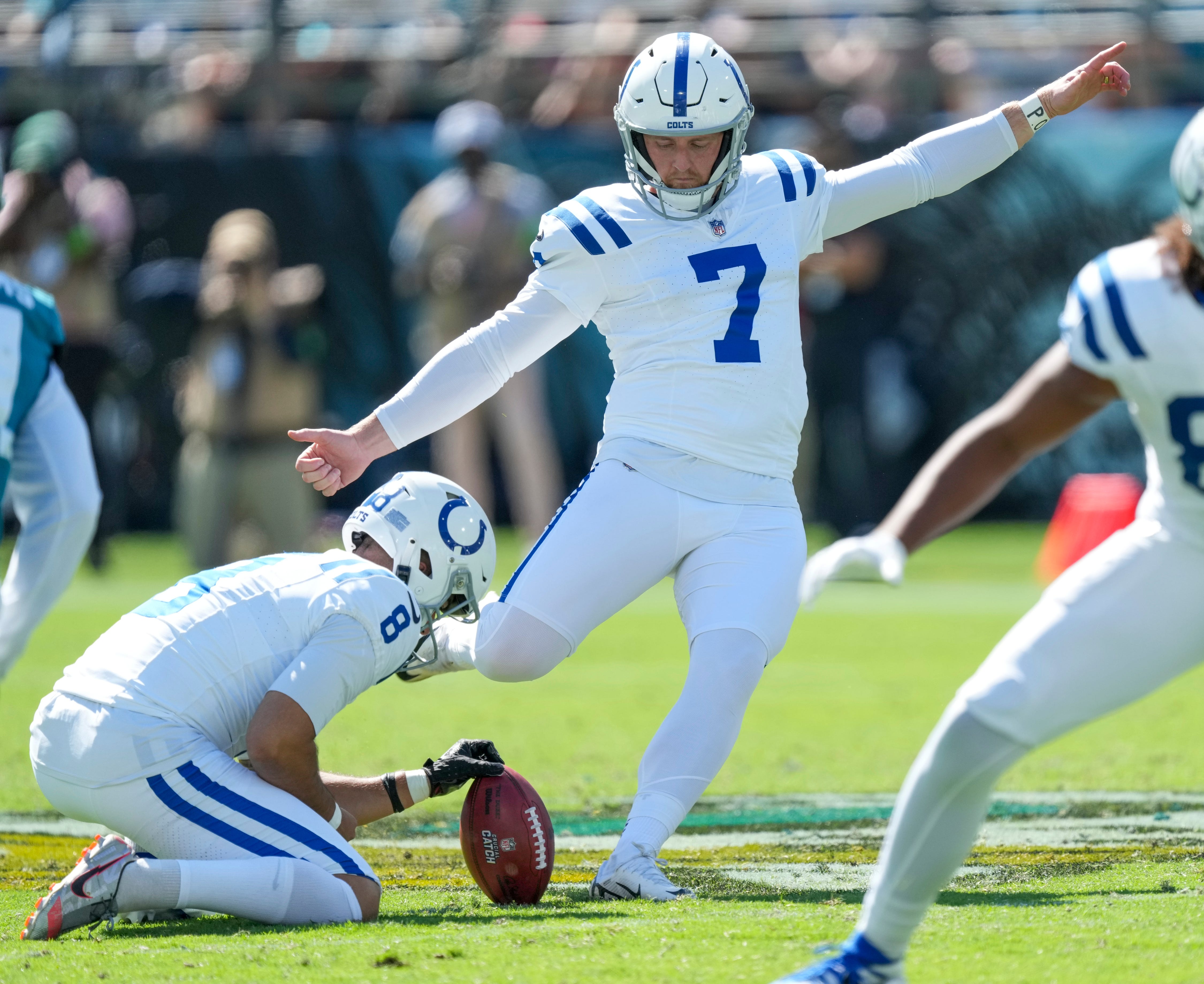 Indianapolis Colts place kicker Matt Gay (7) kicks a field goal, his second of the first half, during game action at EverBank Stadium on Sunday, Oct 15, 2023, in Jacksonville.
