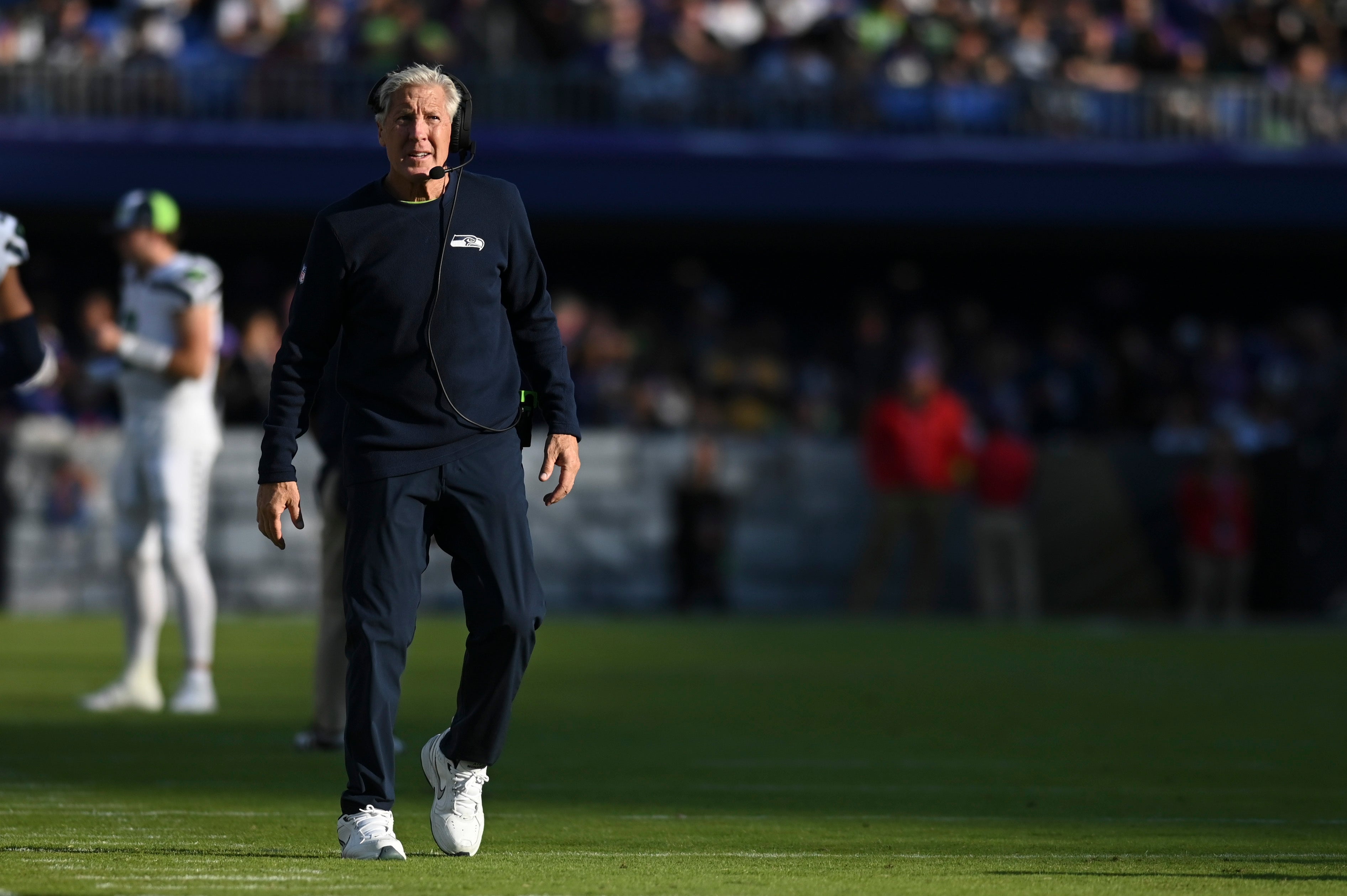 Nov 5, 2023; Baltimore, Maryland, USA; Seattle Seahawks head coach Pete Carroll walks down the sidelines during the second half against the Baltimore Ravens at M&T Bank Stadium. Mandatory Credit: Tommy Gilligan-USA TODAY Sports