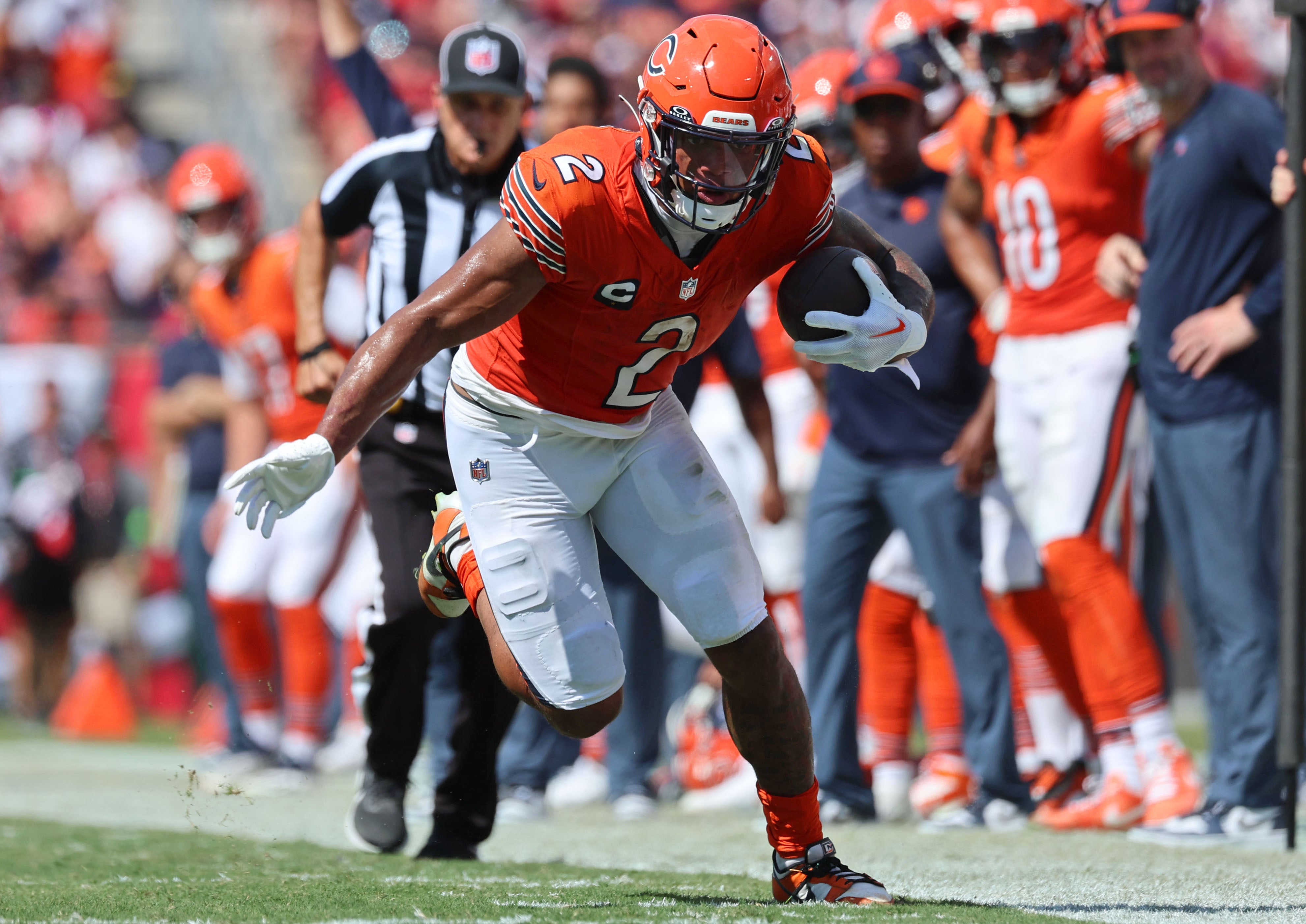 Sep 17, 2023; Tampa, Florida, USA; Chicago Bears wide receiver DJ Moore (2) runs along the sideline during the second half against the Tampa Bay Buccaneers at Raymond James Stadium.