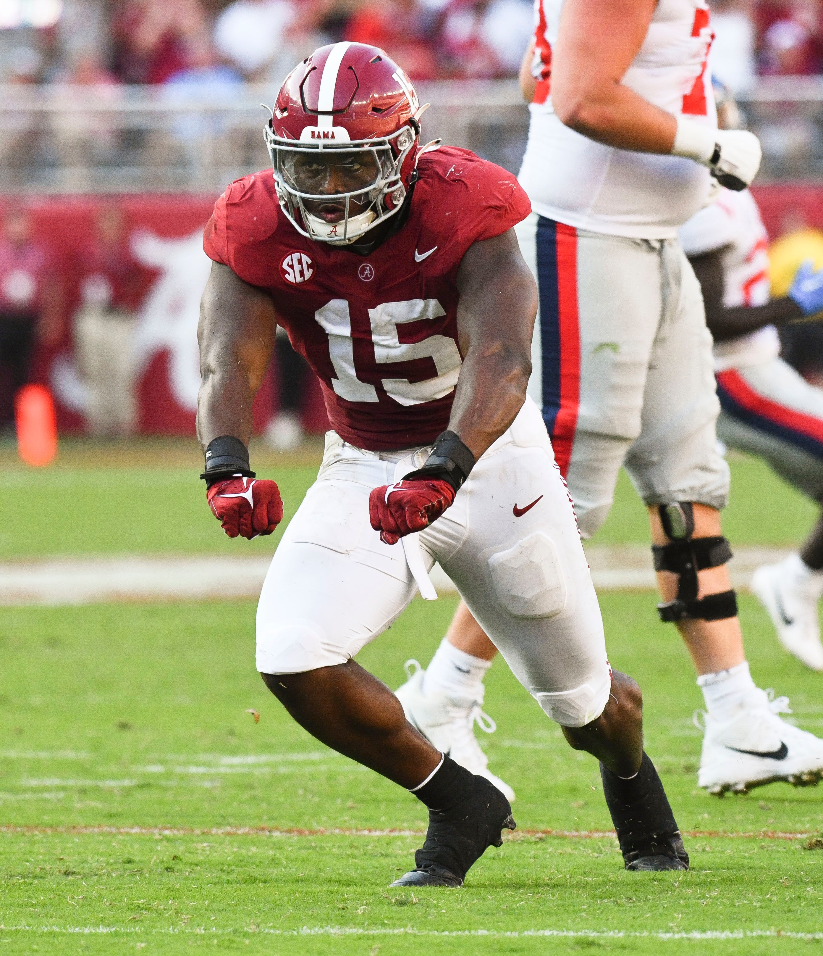 Sep 23, 2023; Tuscaloosa, Alabama, USA; Alabama Crimson Tide linebacker Dallas Turner (15) celebrates after sacking Mississippi Rebels quarterback Jaxson Dart (2) at Bryant-Denny Stadium. Alabama defeated Mississippi 24-10.
