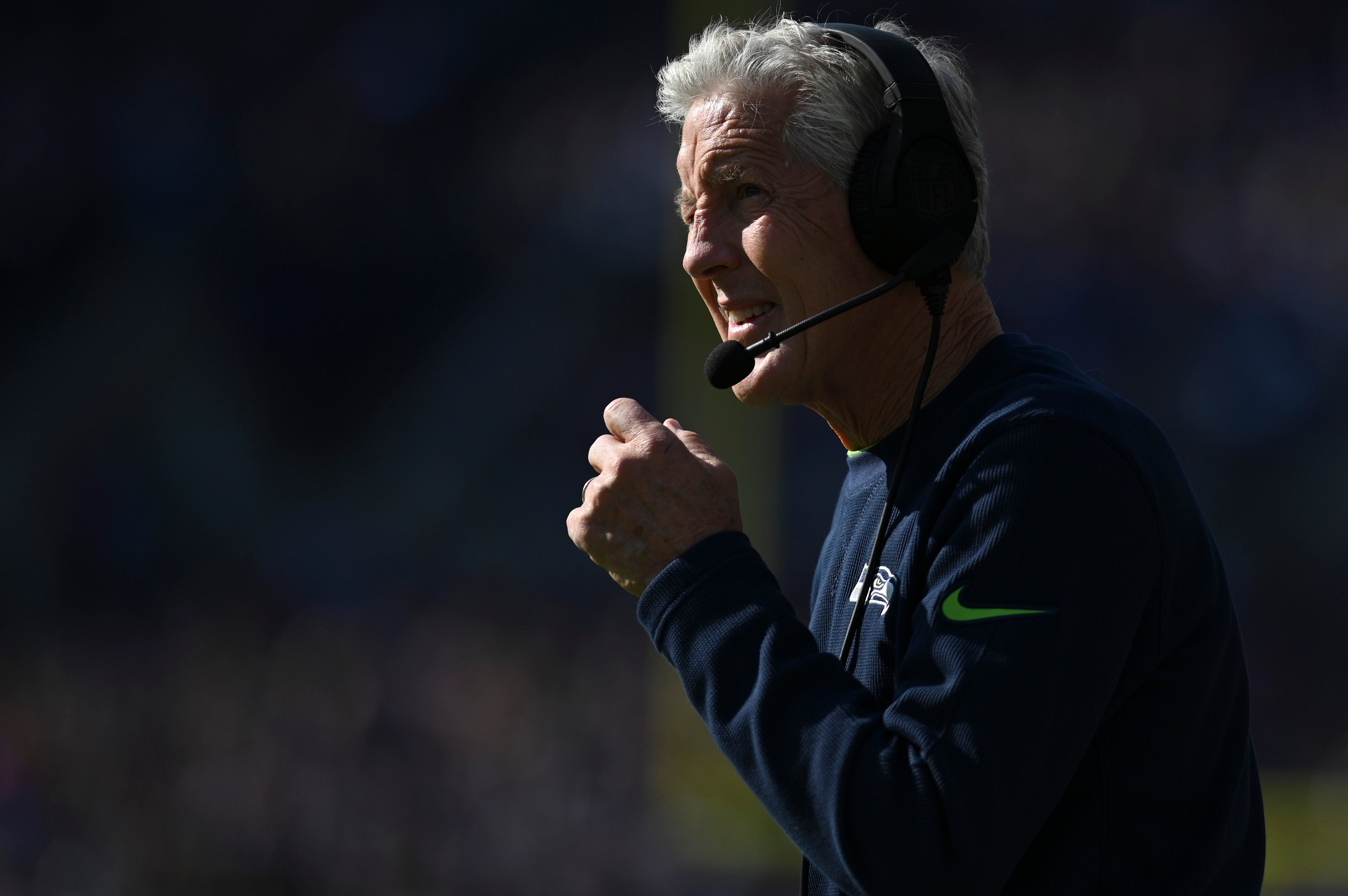 Nov 5, 2023; Baltimore, Maryland, USA; Seattle Seahawks head coach Pete Carroll looks onto the field during the first half against the Baltimore Ravens at M&T Bank Stadium. Mandatory Credit: Tommy Gilligan-USA TODAY Sports