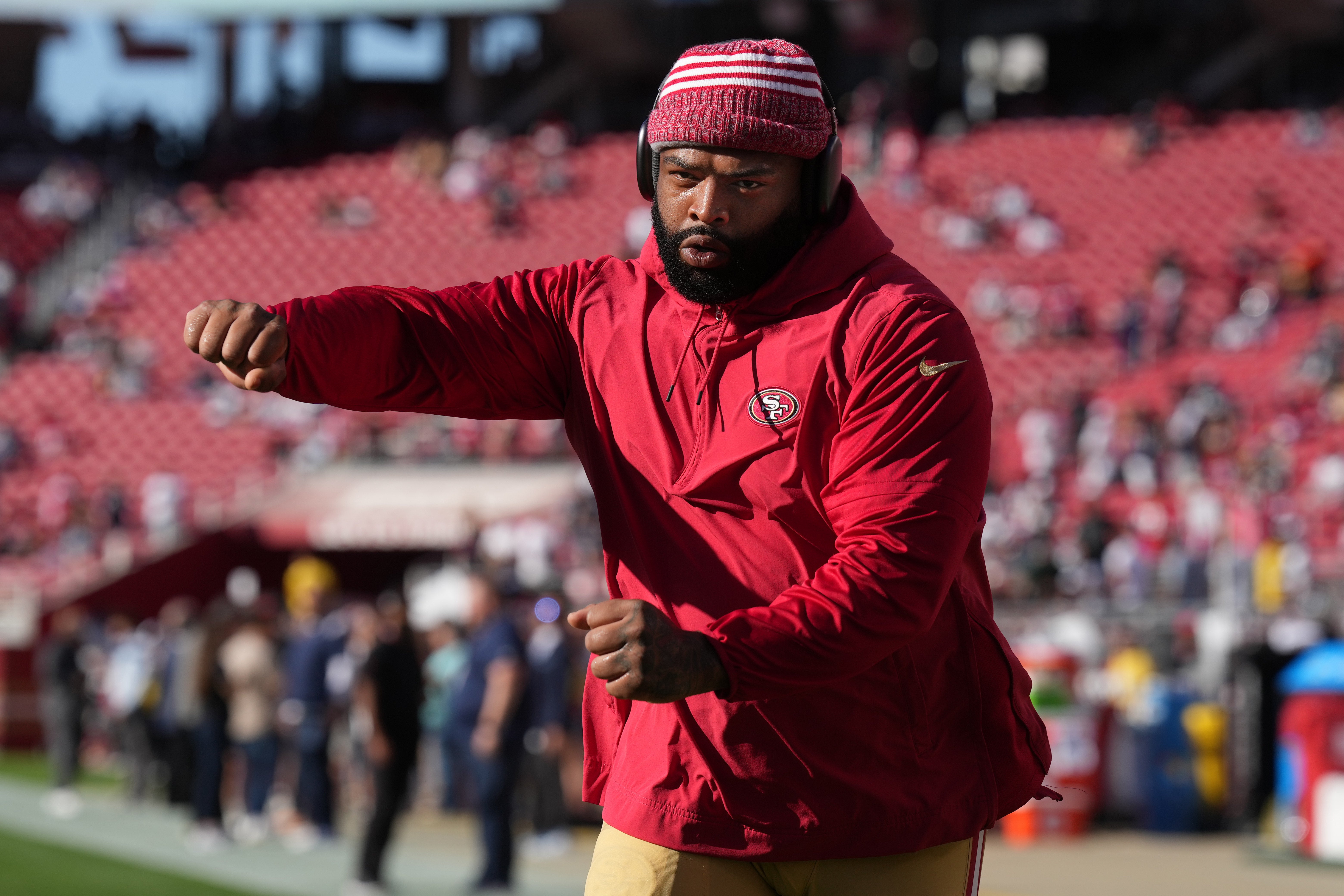 Oct 8, 2023; Santa Clara, California, USA; San Francisco 49ers offensive tackle Trent Williams (71) warms up before the game against the Dallas Cowboys at Levi's Stadium.