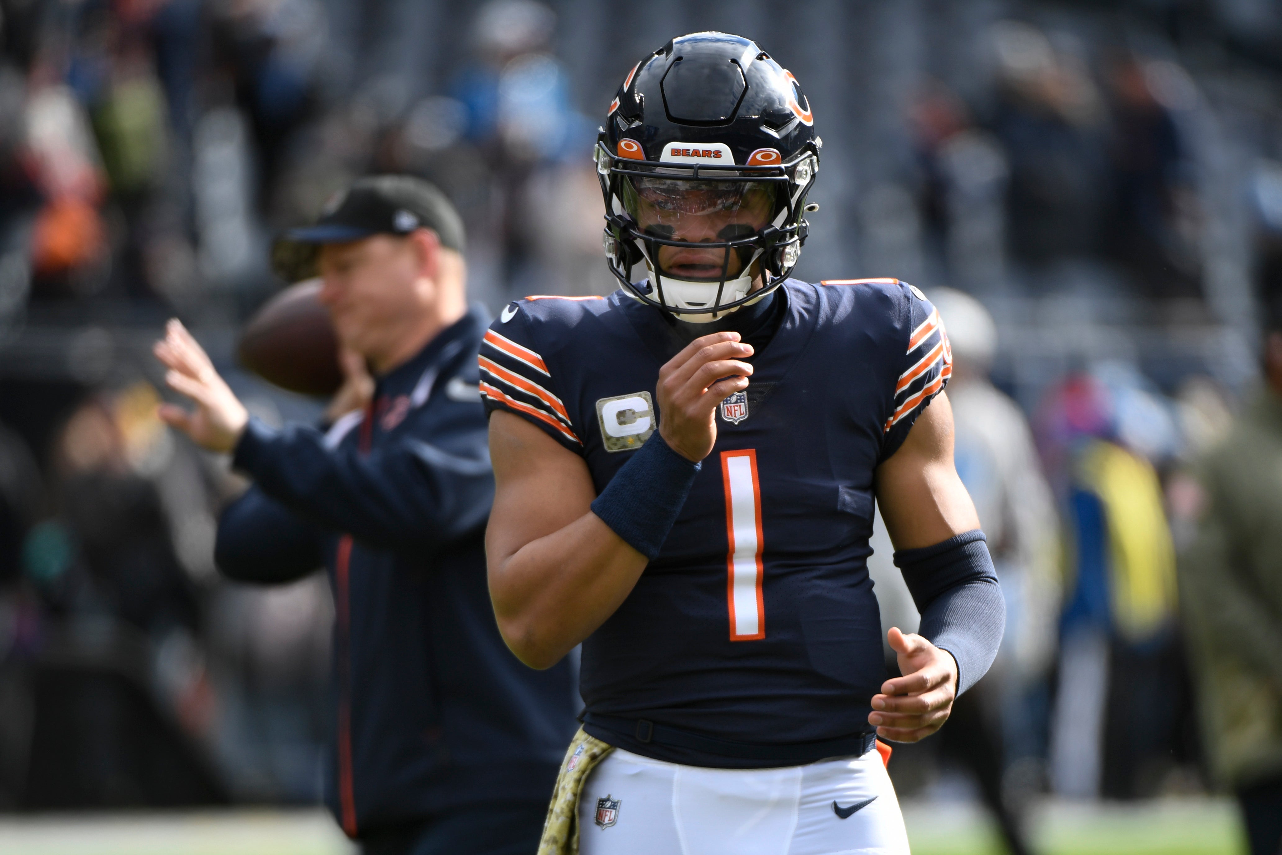 Nov 13, 2022; Chicago, Illinois, USA; Chicago Bears quarterback Justin Fields (1) during warmups before the game against the Detroit Lions at Soldier Field.