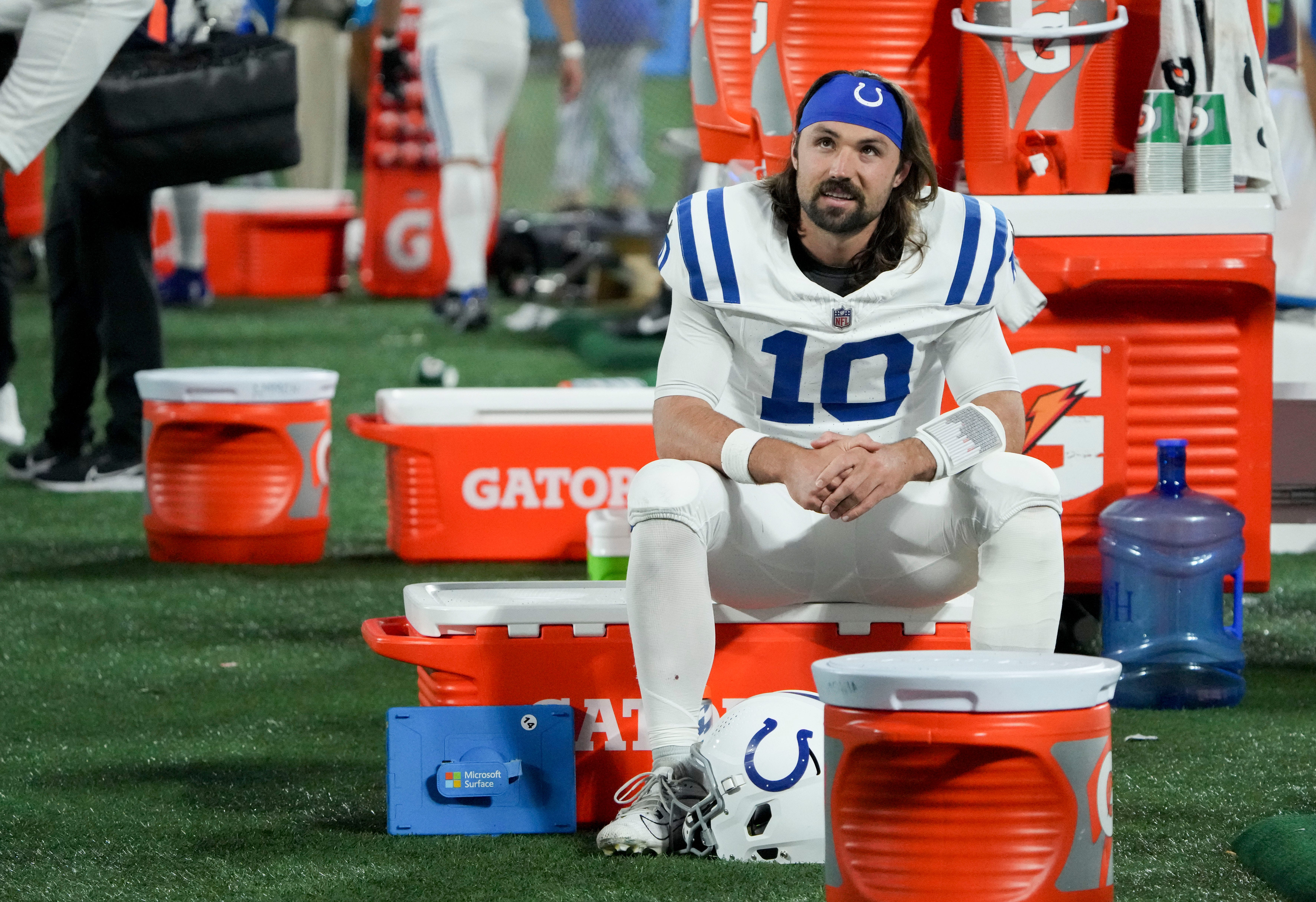 Indianapolis Colts quarterback Gardner Minshew II (10) sits on the sideline Sunday, Nov. 5, 2023, during a game against the Carolina Panthers at Bank of America Stadium in Charlotte.