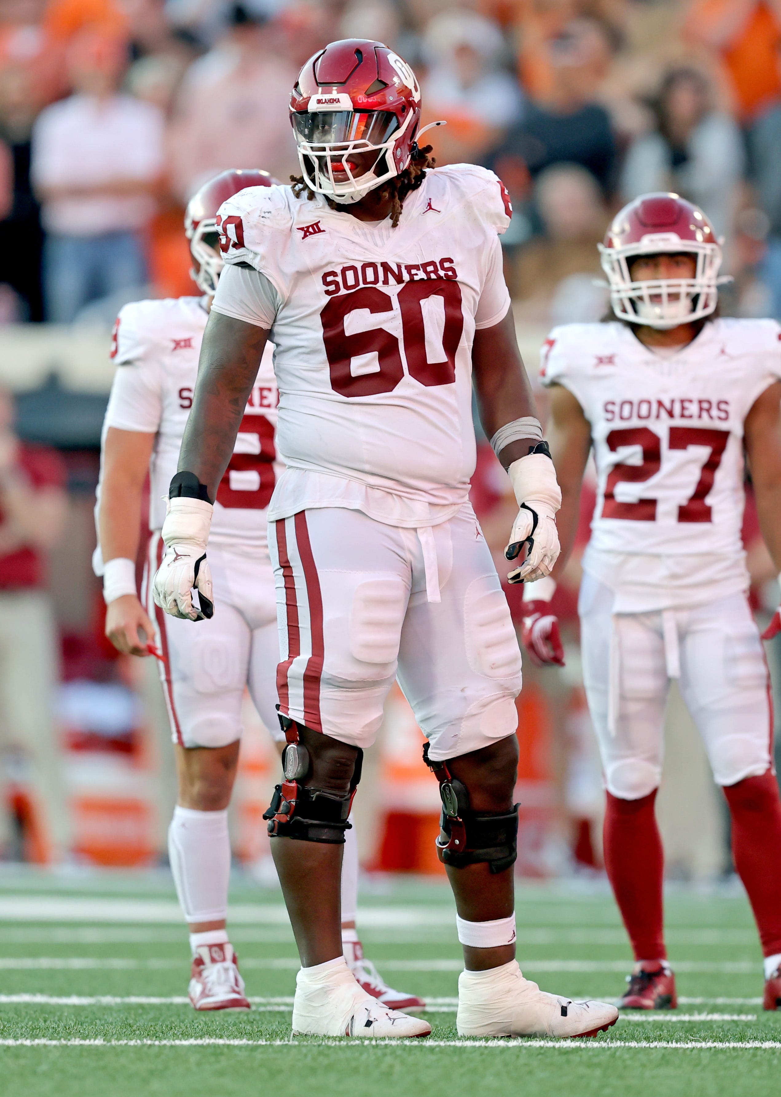 Oklahoma's Tyler Guyton (60) is pictured in the second half during a Bedlam college football game between the Oklahoma State University Cowboys (OSU) and the University of Oklahoma Sooners (OU) at Boone Pickens Stadium in Stillwater, Okla.