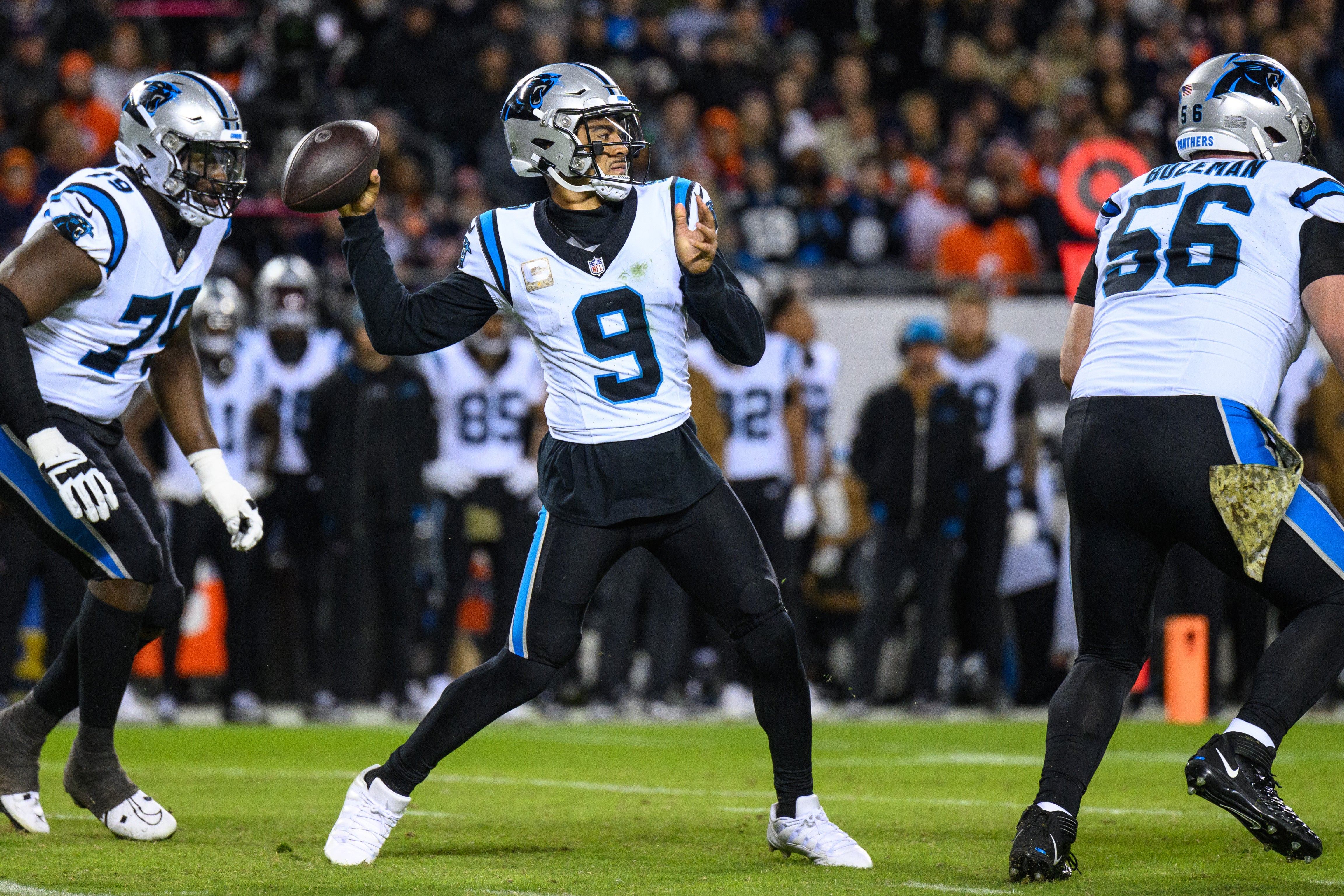 Nov 9, 2023; Chicago, Illinois, USA; Carolina Panthers quarterback Bryce Young (9) passes the ball against the Chicago Bears during the third quarter at Soldier Field. Mandatory Credit: Daniel Bartel-USA TODAY Sports