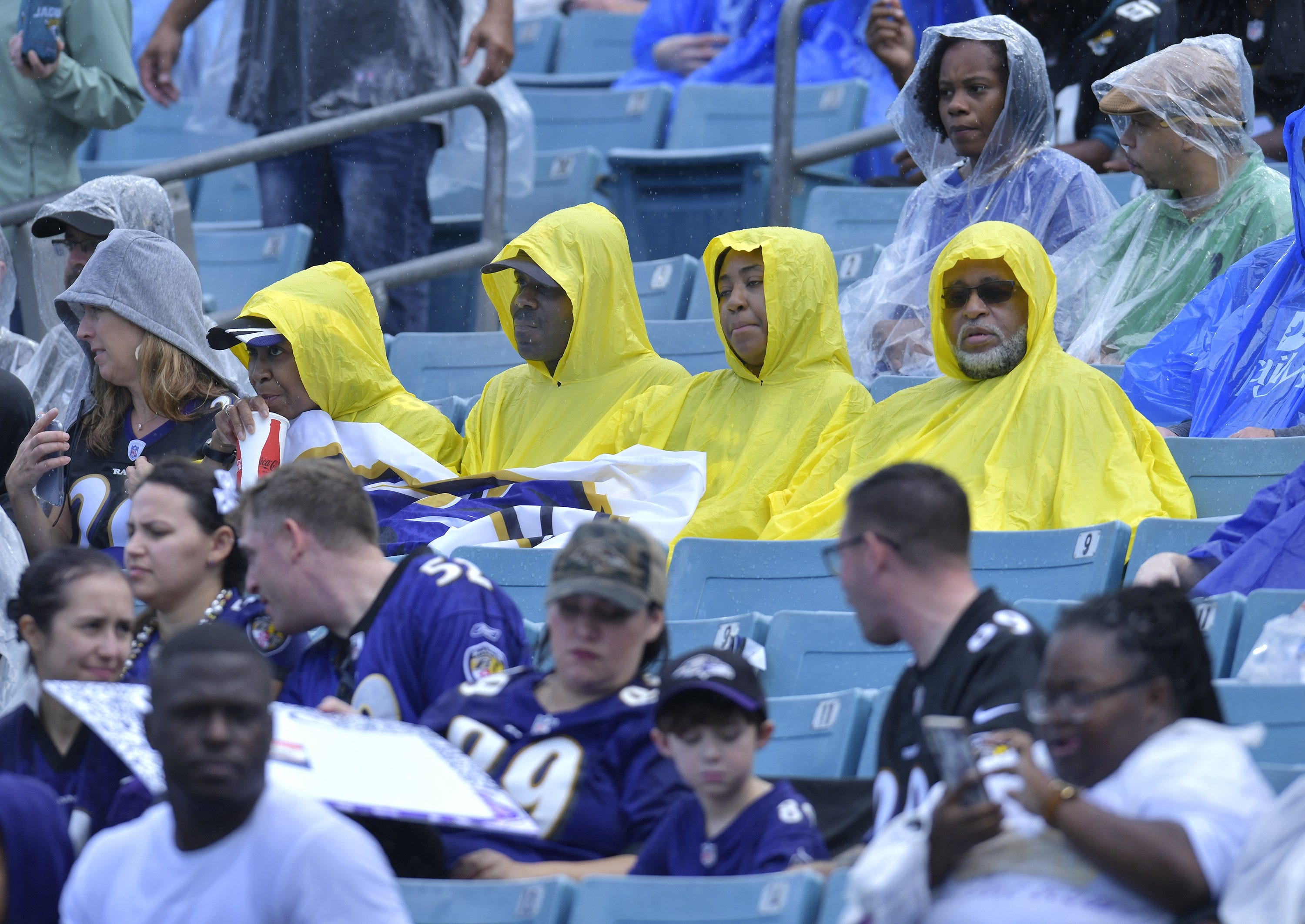 Fans in the stands during the pre game rains. The Jacksonville Jaguars hosted the Baltimore Ravens at TIAA Bank Field in Jacksonville, FL Sunday, November 27, 2022.