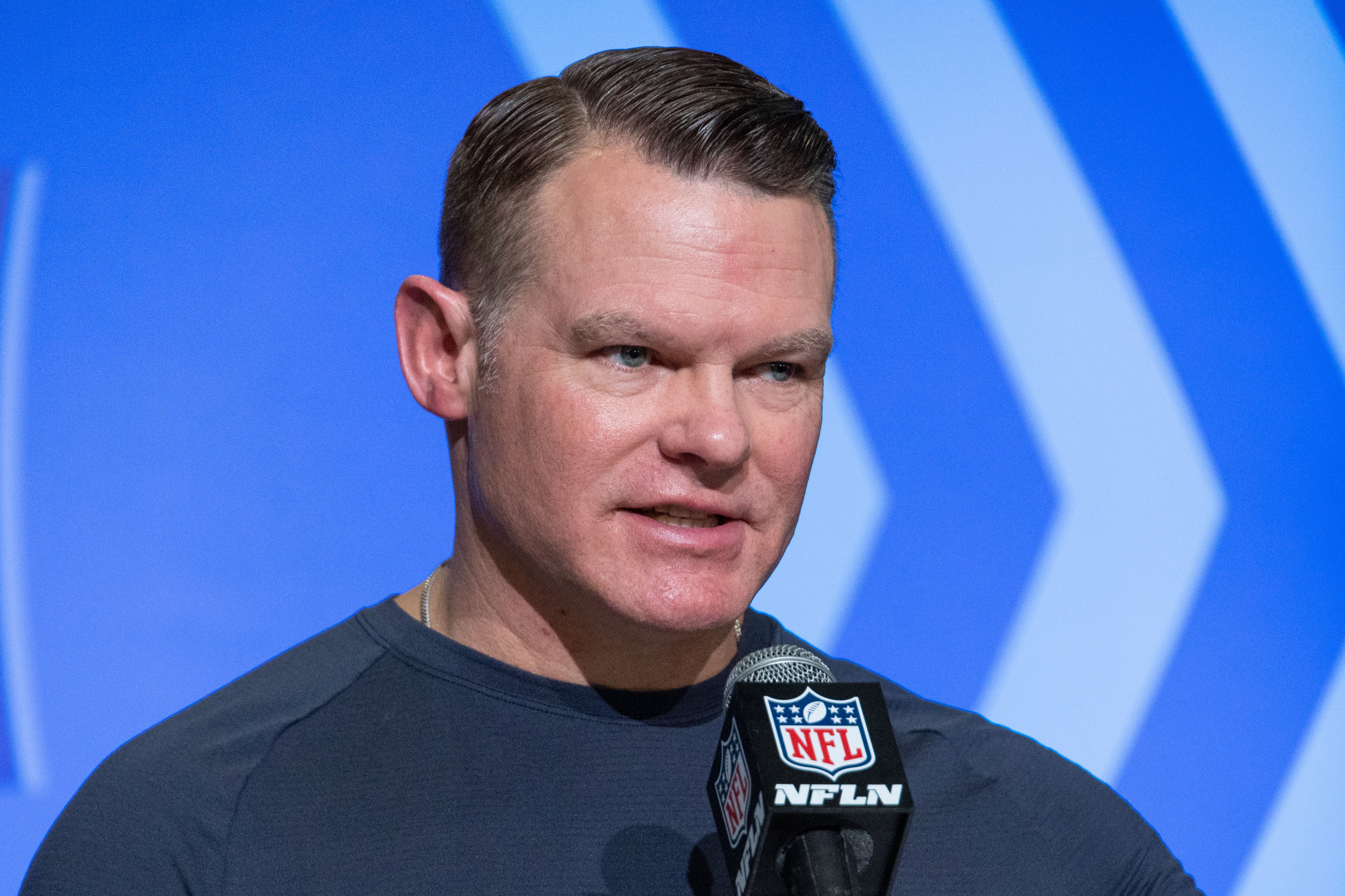 Mar 1, 2023; Indianapolis, IN, USA; Indianapolis Colts general manager Chris Ballard speaks to the press at the NFL Combine at Lucas Oil Stadium.