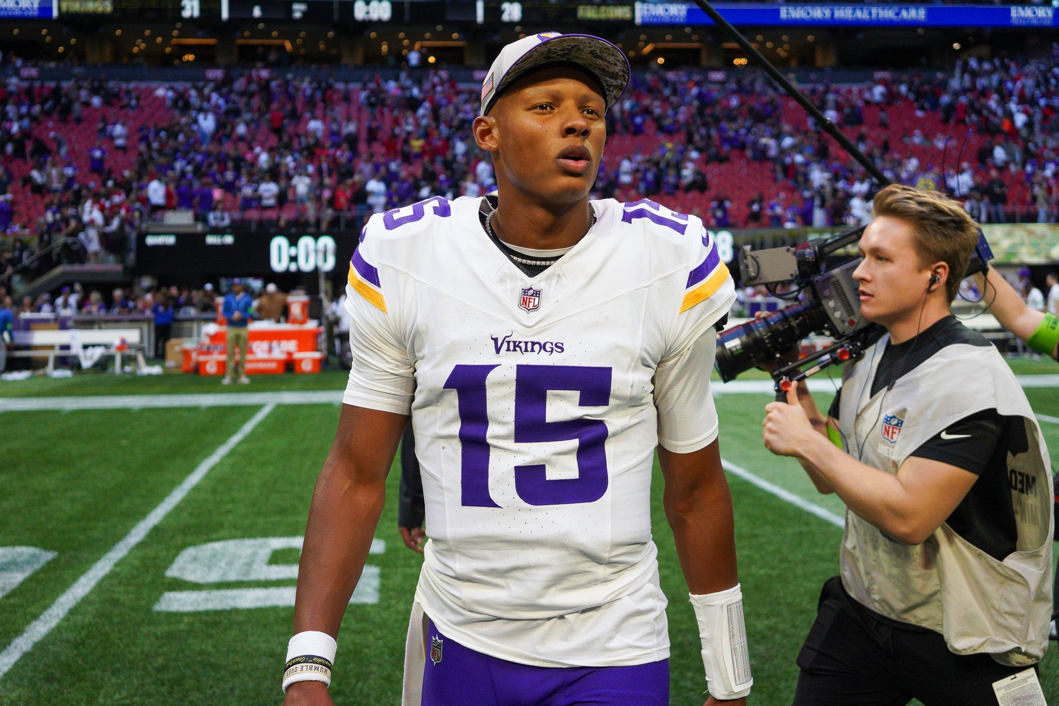 Nov 5, 2023; Atlanta, Georgia, USA; Minnesota Vikings quarterback Joshua Dobbs (15) after a victory against the Atlanta Falcons at Mercedes-Benz Stadium. Mandatory Credit: Brett Davis-USA TODAY Sports