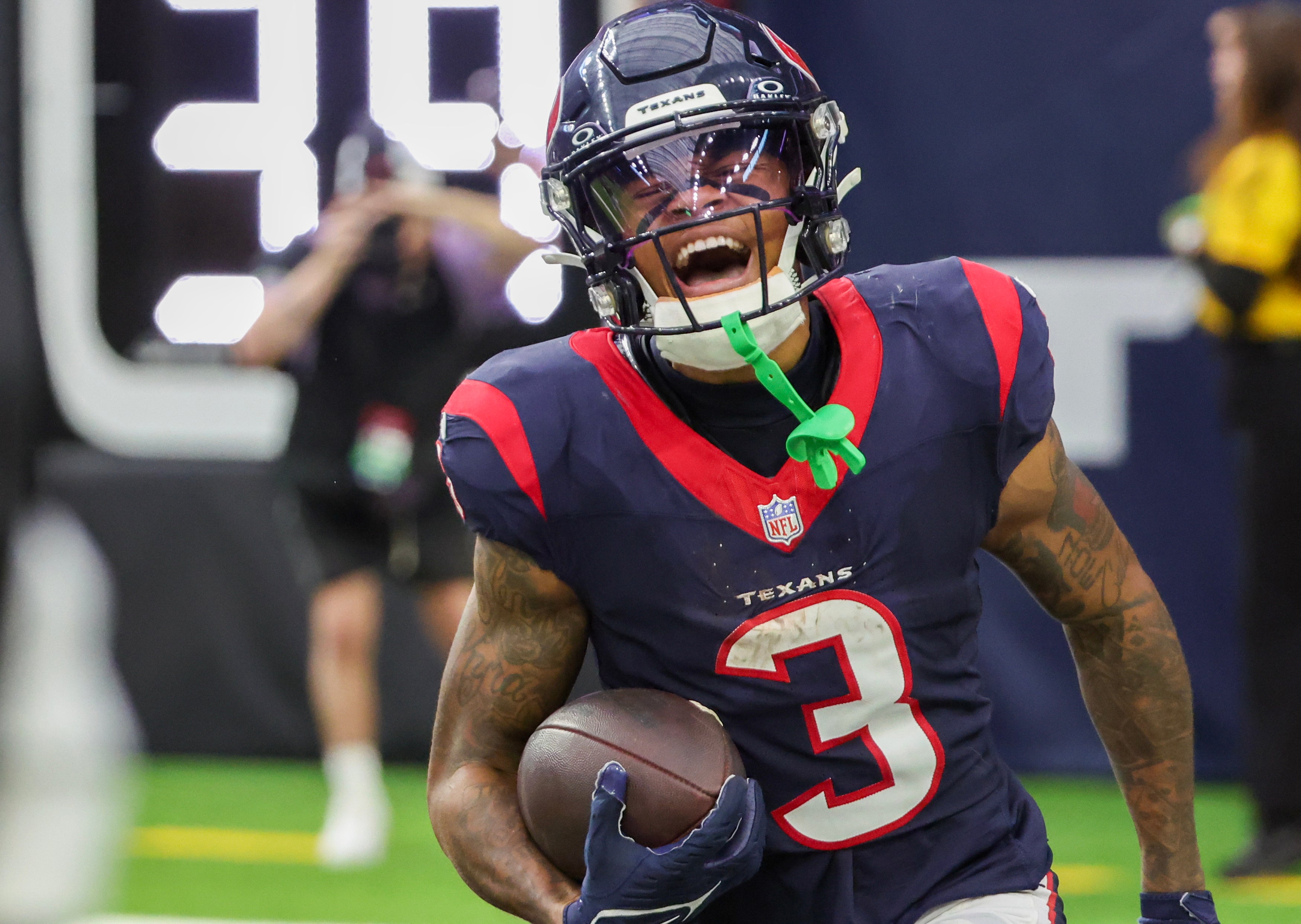 Nov 5, 2023; Houston, Texas, USA; Houston Texans wide receiver Tank Dell (3) celebrates his touchdown reception against the Tampa Bay Buccaneers in the fourth quarter at NRG Stadium.