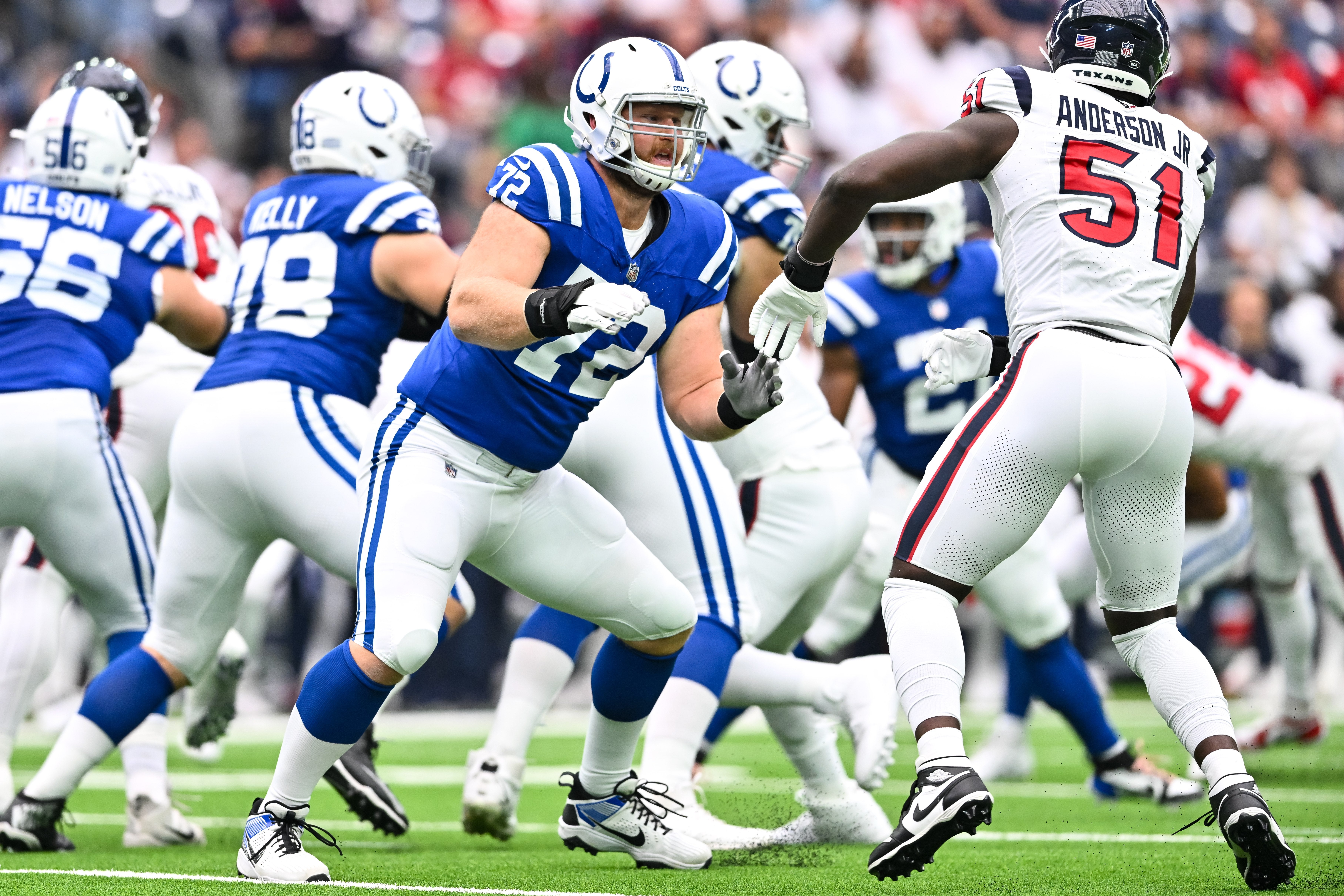 Sep 17, 2023; Houston, Texas, USA; Indianapolis Colts offensive tackle Braden Smith (72) in action during the first half against the Houston Texans at NRG Stadium.