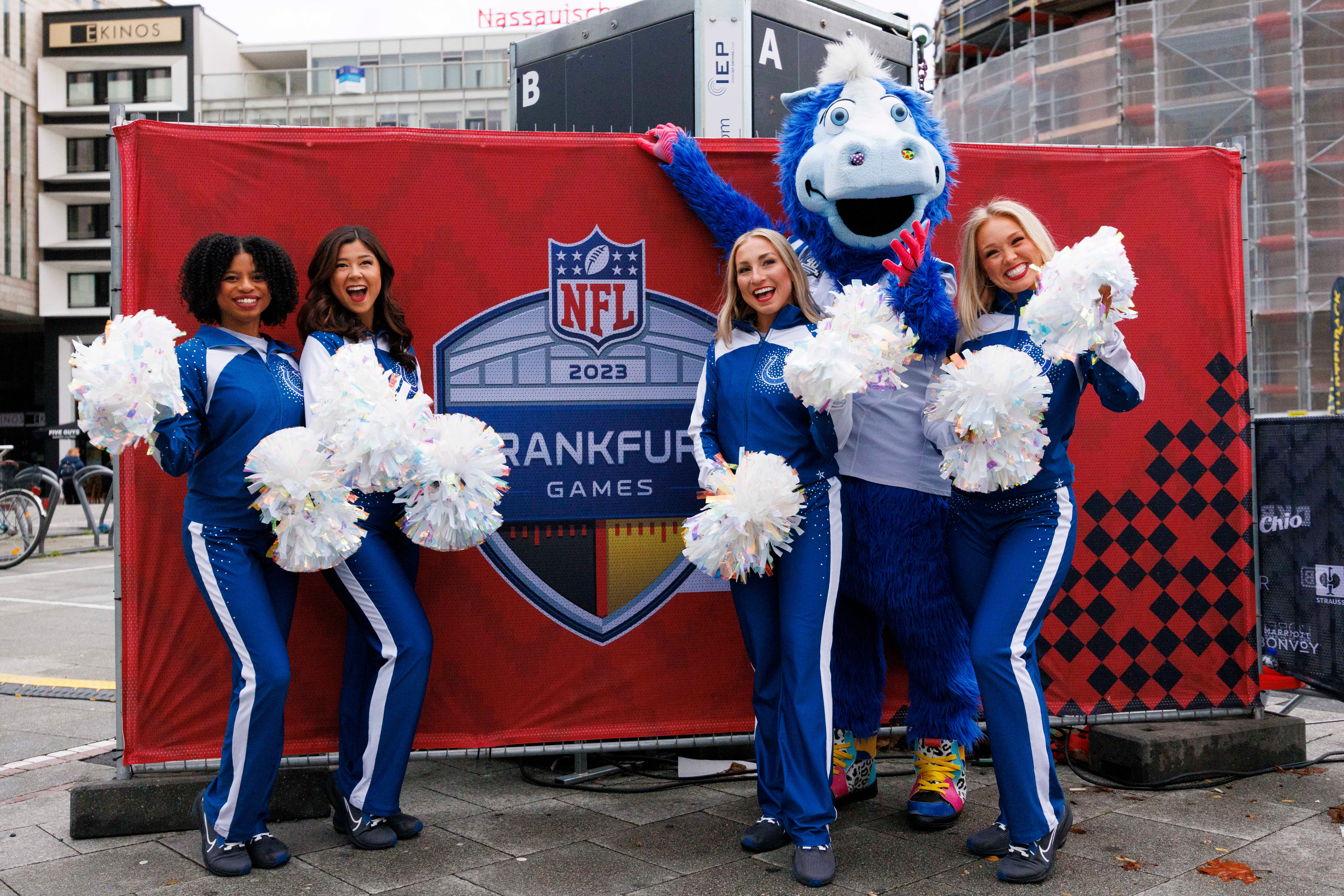 Nov 7, 2023; Frankfurt, Germany; Indianapolis Colts mascot Blue along with the Colts cheerleaders greet fans on the streets of Frankfurt before an International Series game against the New England Patriots.