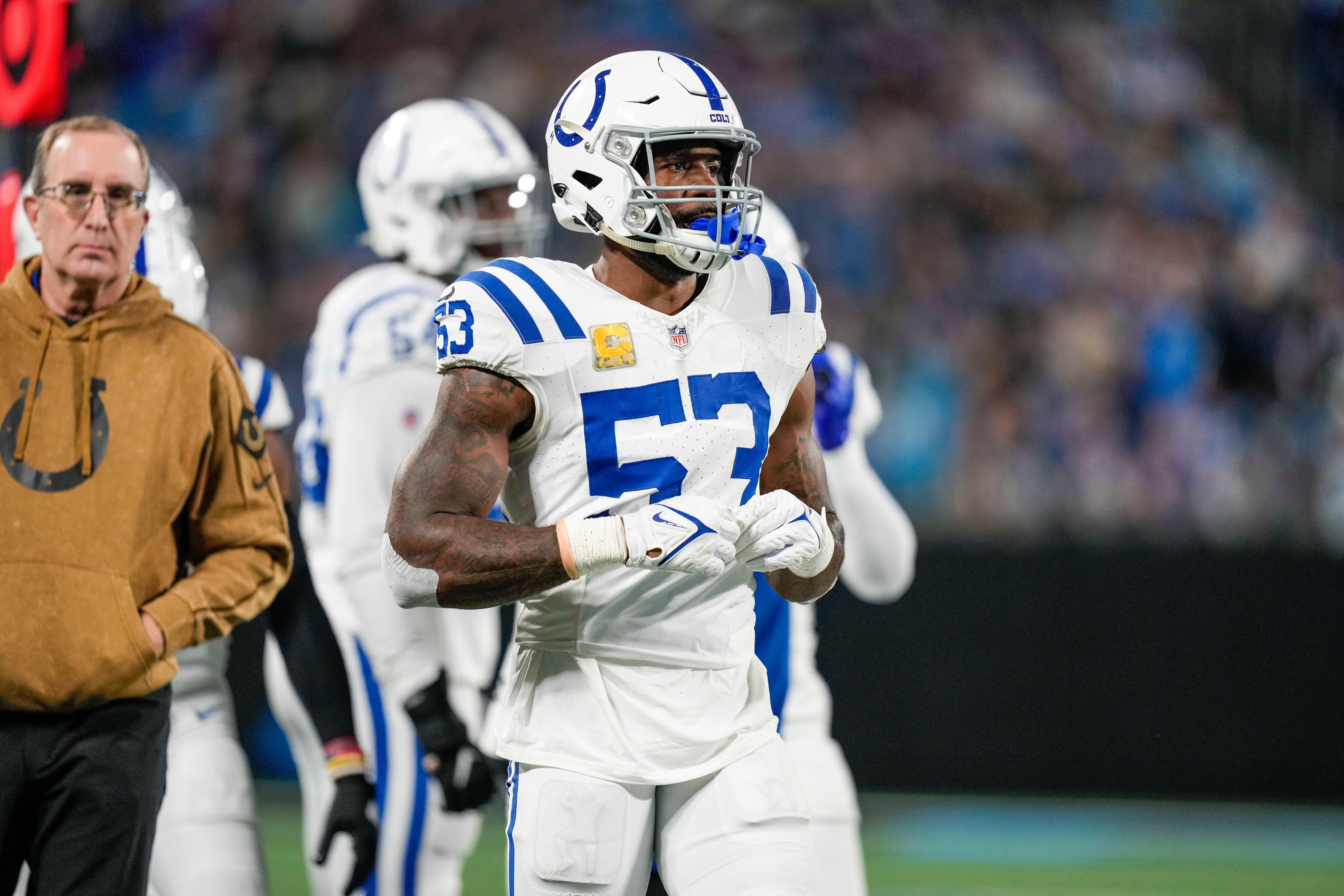 Nov 5, 2023; Charlotte, North Carolina, USA; Indianapolis Colts linebacker Shaquille Leonard (53) during the second half against the Indianapolis Colts at Bank of America Stadium.