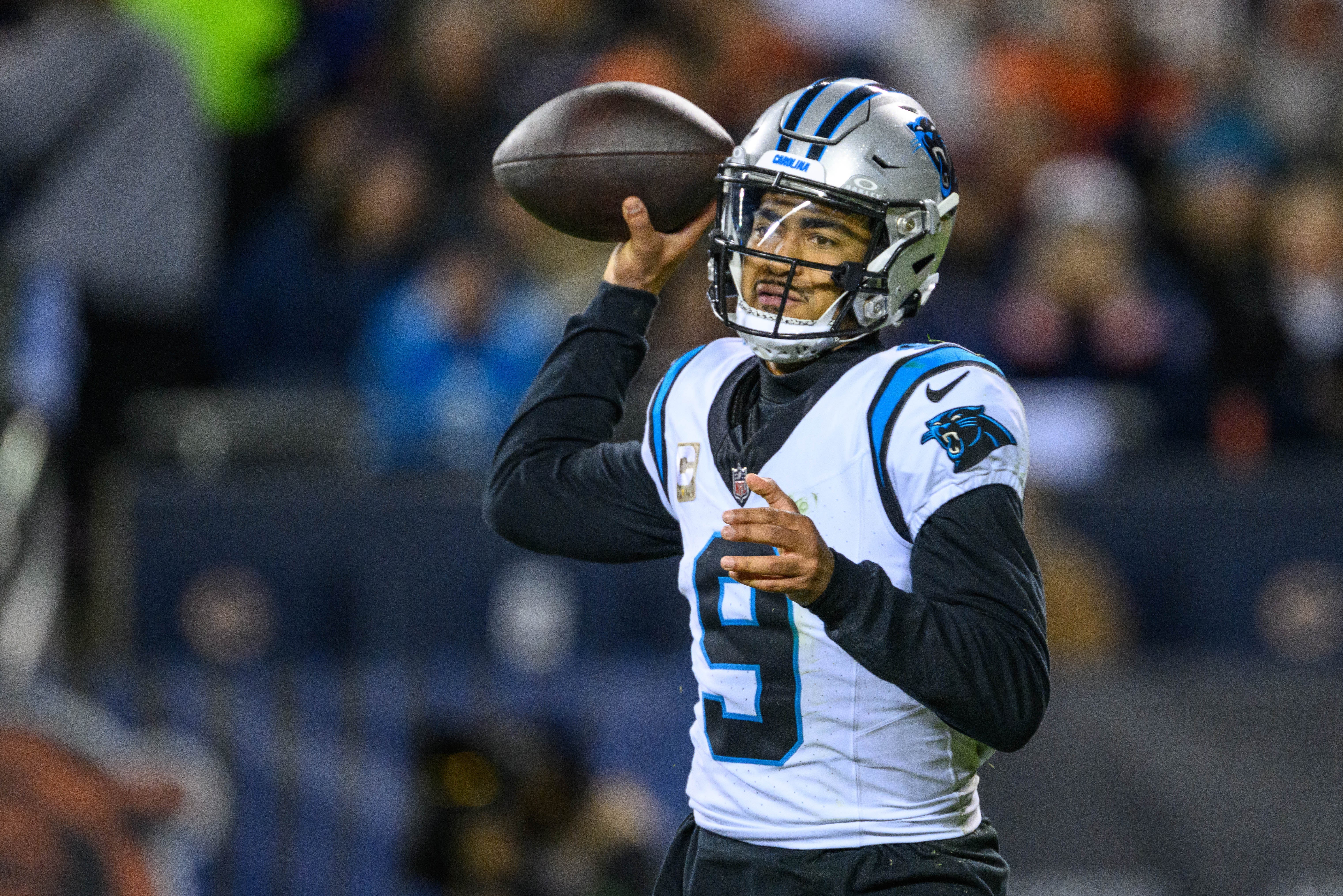 Nov 9, 2023; Chicago, Illinois, USA; Carolina Panthers quarterback Bryce Young (9) passes the ball against the Chicago Bears during the second quarter at Soldier Field. Mandatory Credit: Daniel Bartel-USA TODAY Sports