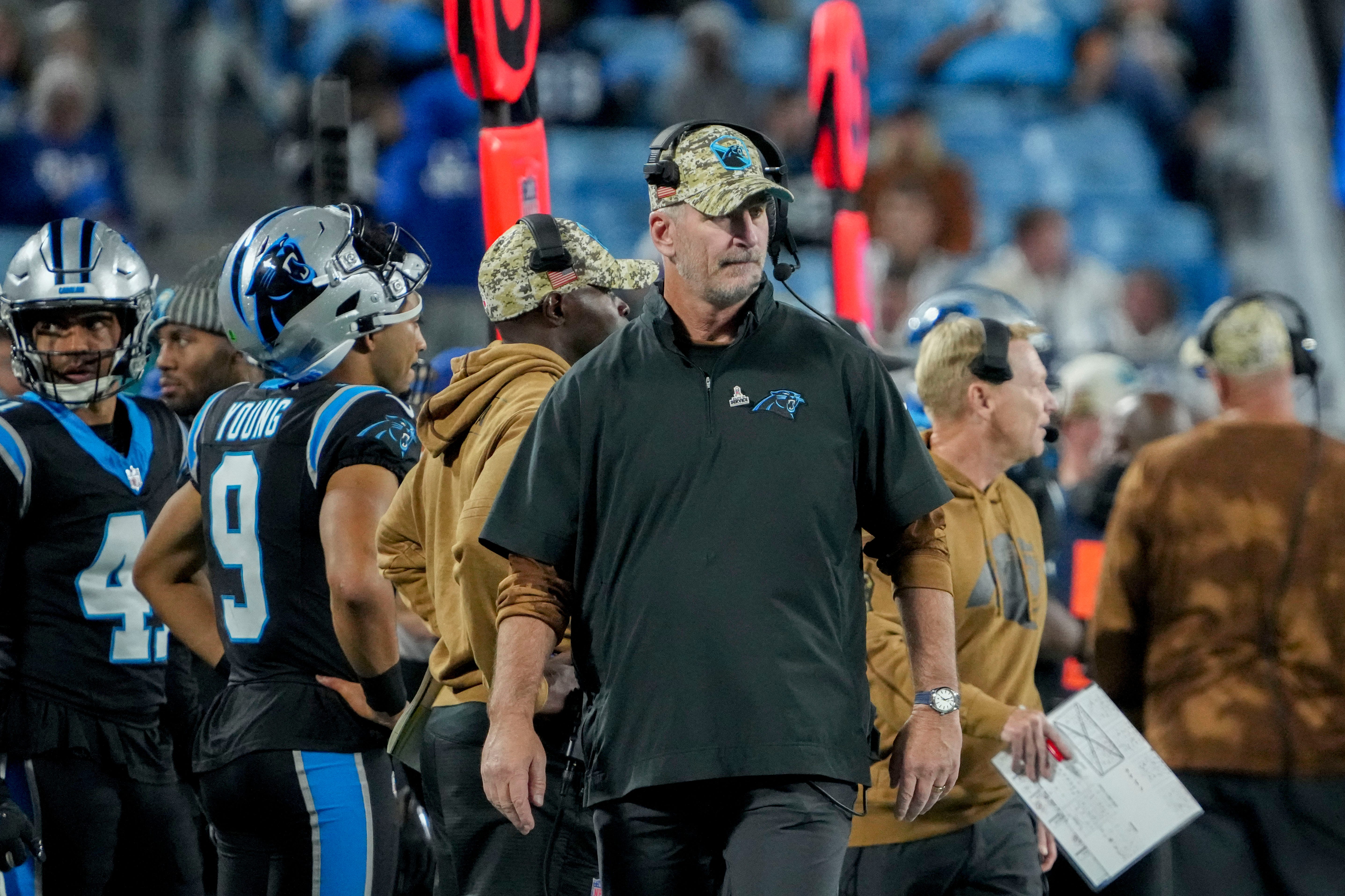 Carolina Panthers head coach and former Indianapolis Colts head coach Frank Reich walks the sideline Sunday, Nov. 5, 2023, during a game between the Indianapolis Colts and the Carolina Panthers at Bank of America Stadium in Charlotte.