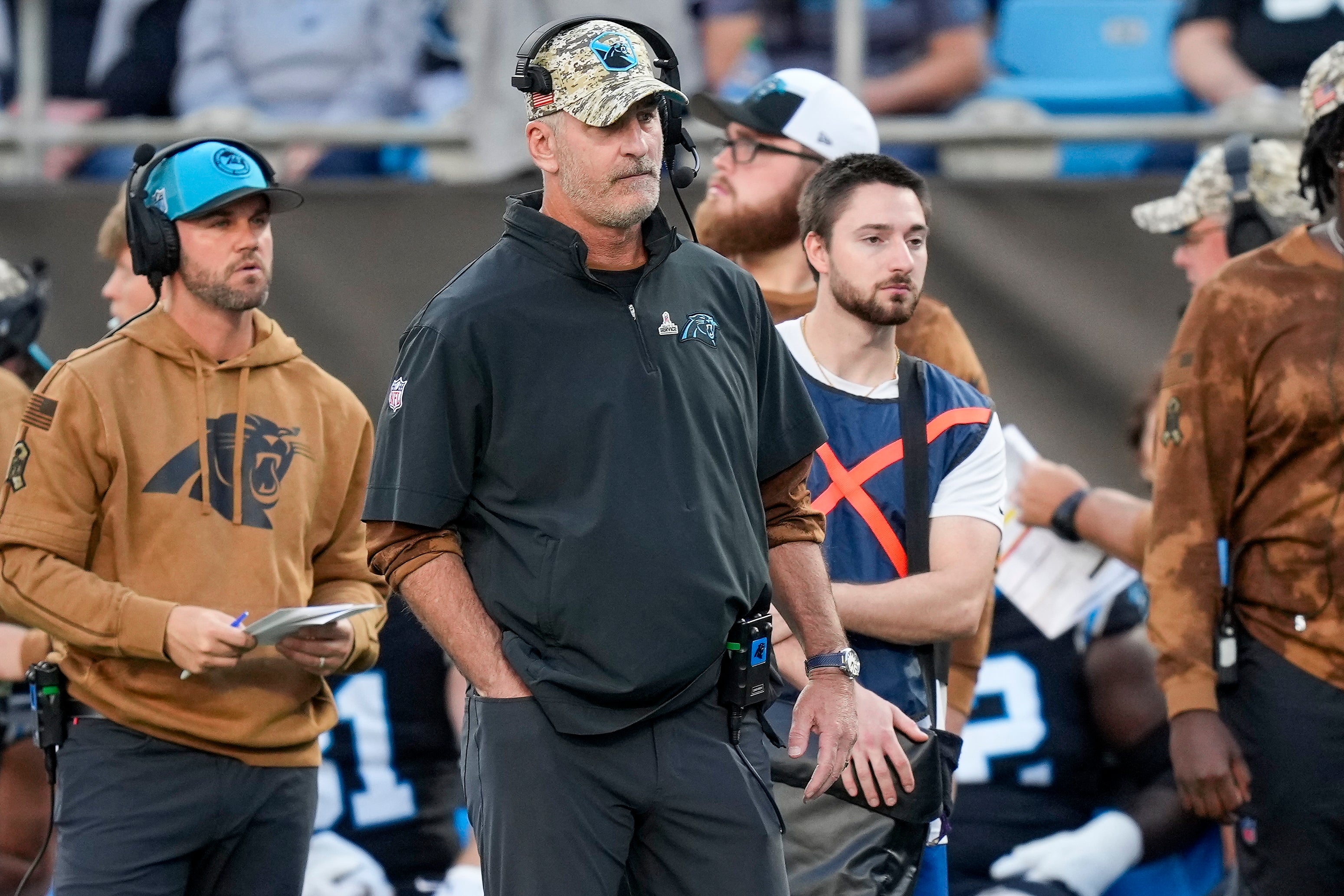 Nov 5, 2023; Charlotte, North Carolina, USA; Carolina Panthers head coach Frank Reich during the first quarter against the Indianapolis Colts at Bank of America Stadium. Mandatory Credit: Jim Dedmon-USA TODAY Sports