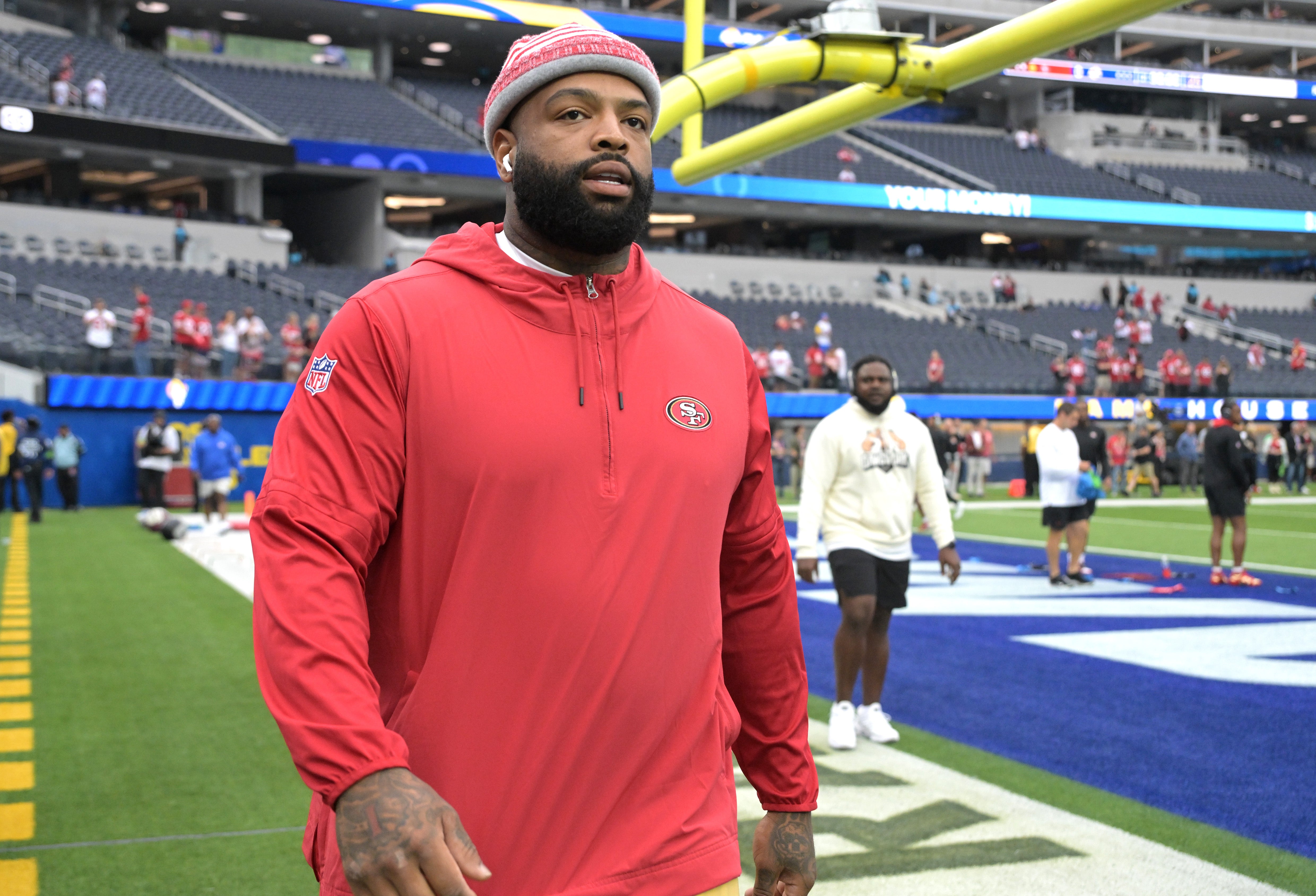 Sep 17, 2023; Inglewood, California, USA; San Francisco 49ers offensive tackle Trent Williams (71) warms up prior to the game against the Los Angeles Rams at SoFi Stadium.